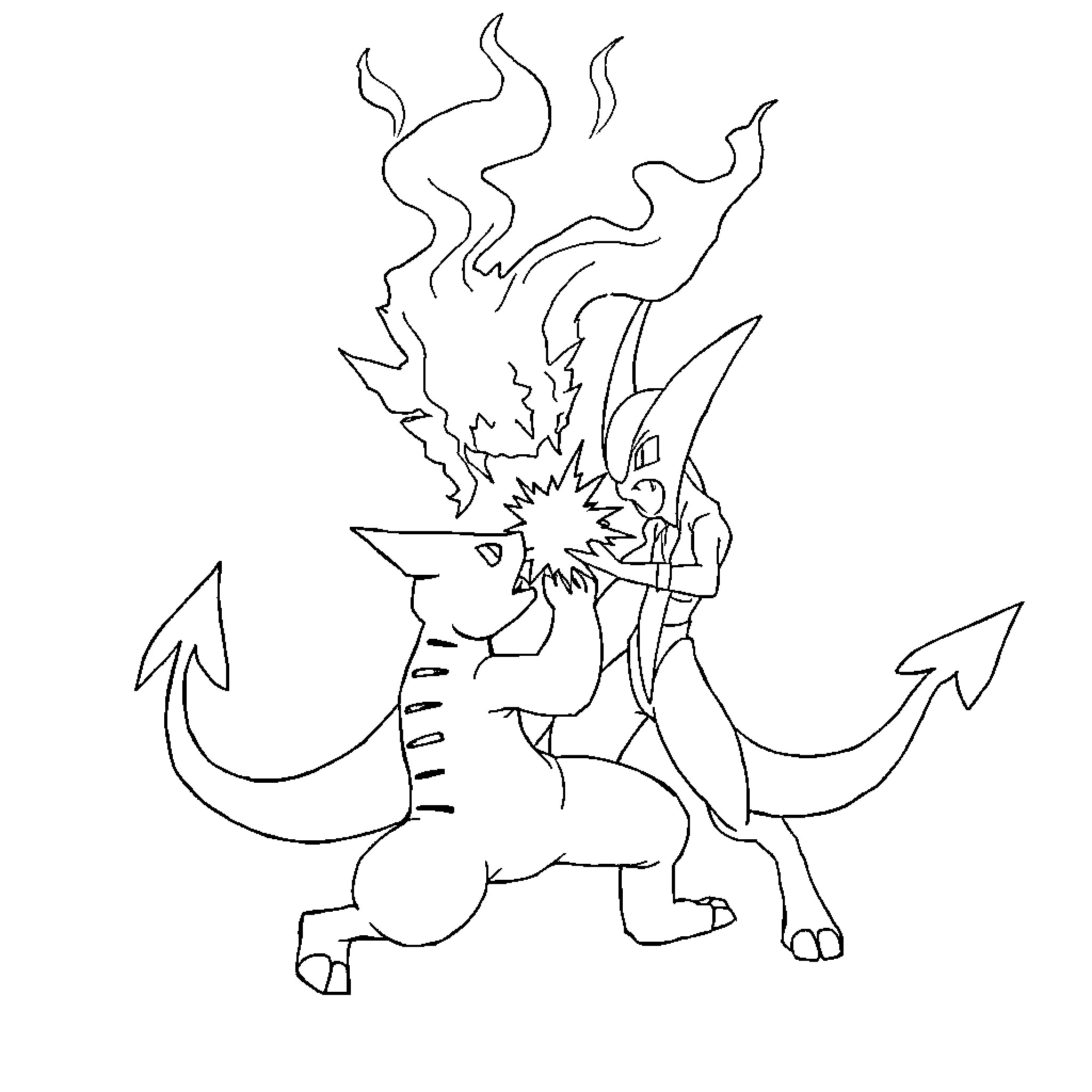 Pyrobut's Fiery Creature Encounter Coloring Page (free black-and-white line drawing printable PDF for all, from beginners to advanced learners, including children, teens, adults, and seniors)