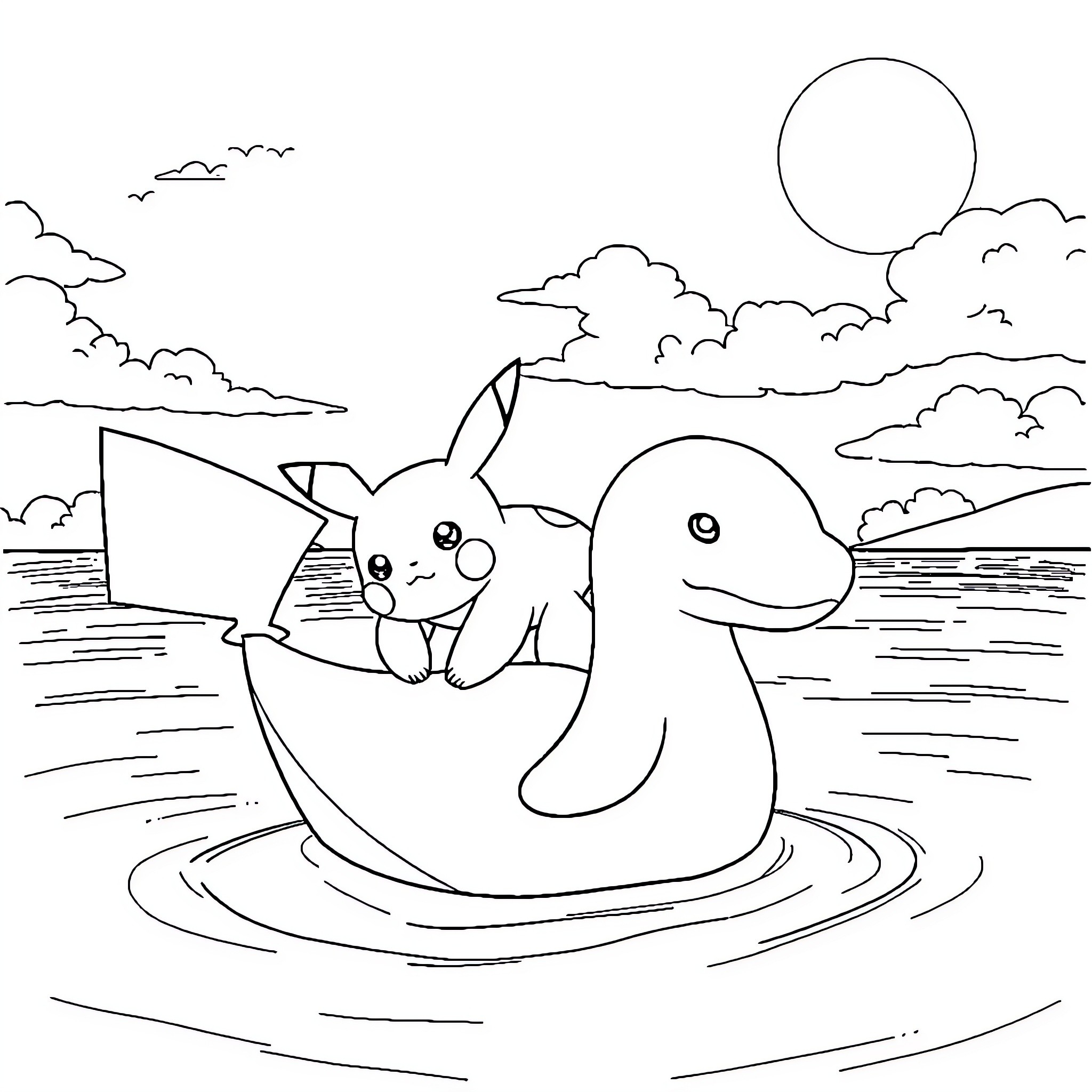Pikachu enjoying a relaxing boat ride with a sea creature friend Coloring Page (free black-and-white line drawing printable PDF for all, from beginners to advanced learners, including children, teens, adults, and seniors)