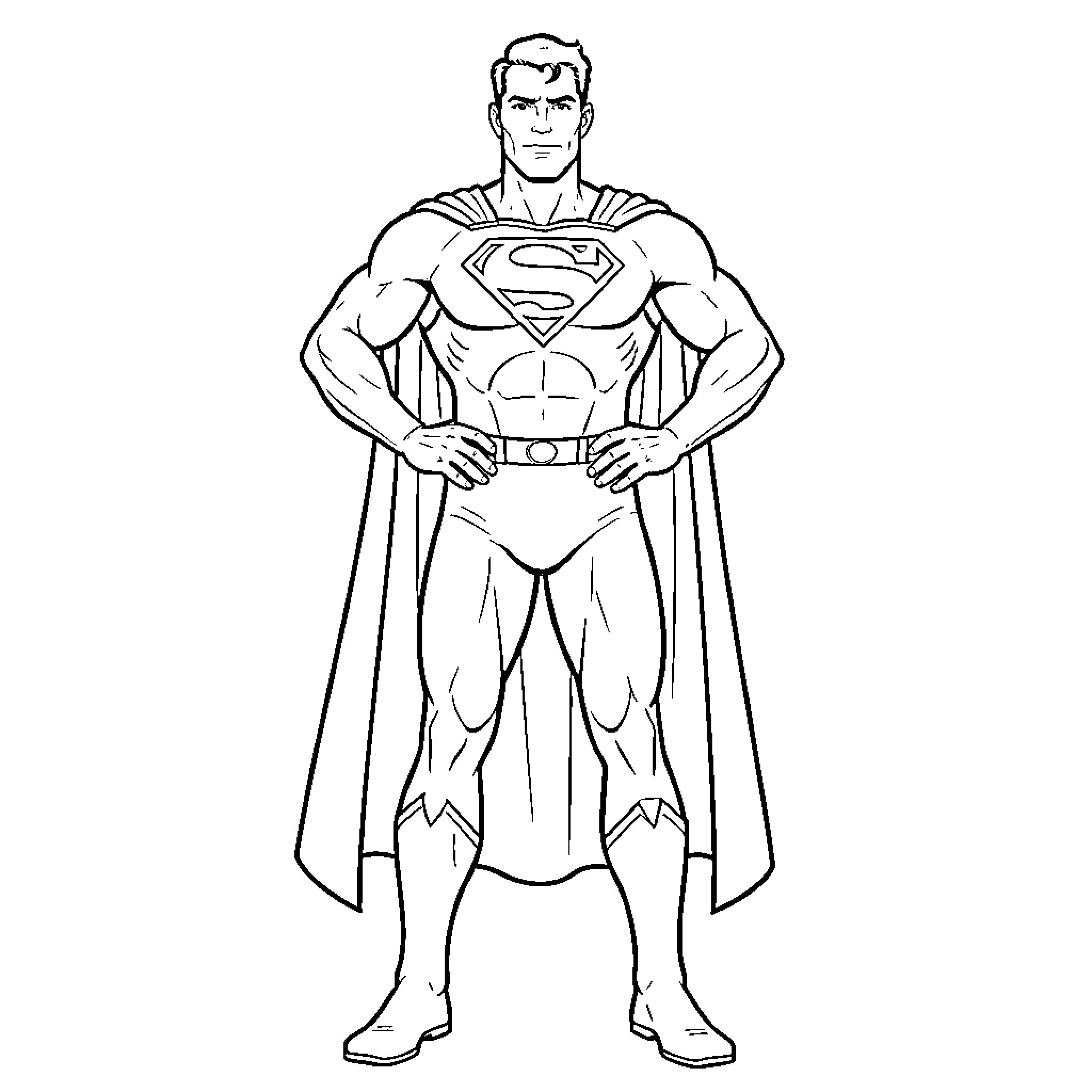 Superman standing heroically in his iconic superhero suit Coloring Page (free black-and-white line drawing printable PDF for all, from beginners to advanced learners, including children, teens, adults, and seniors)