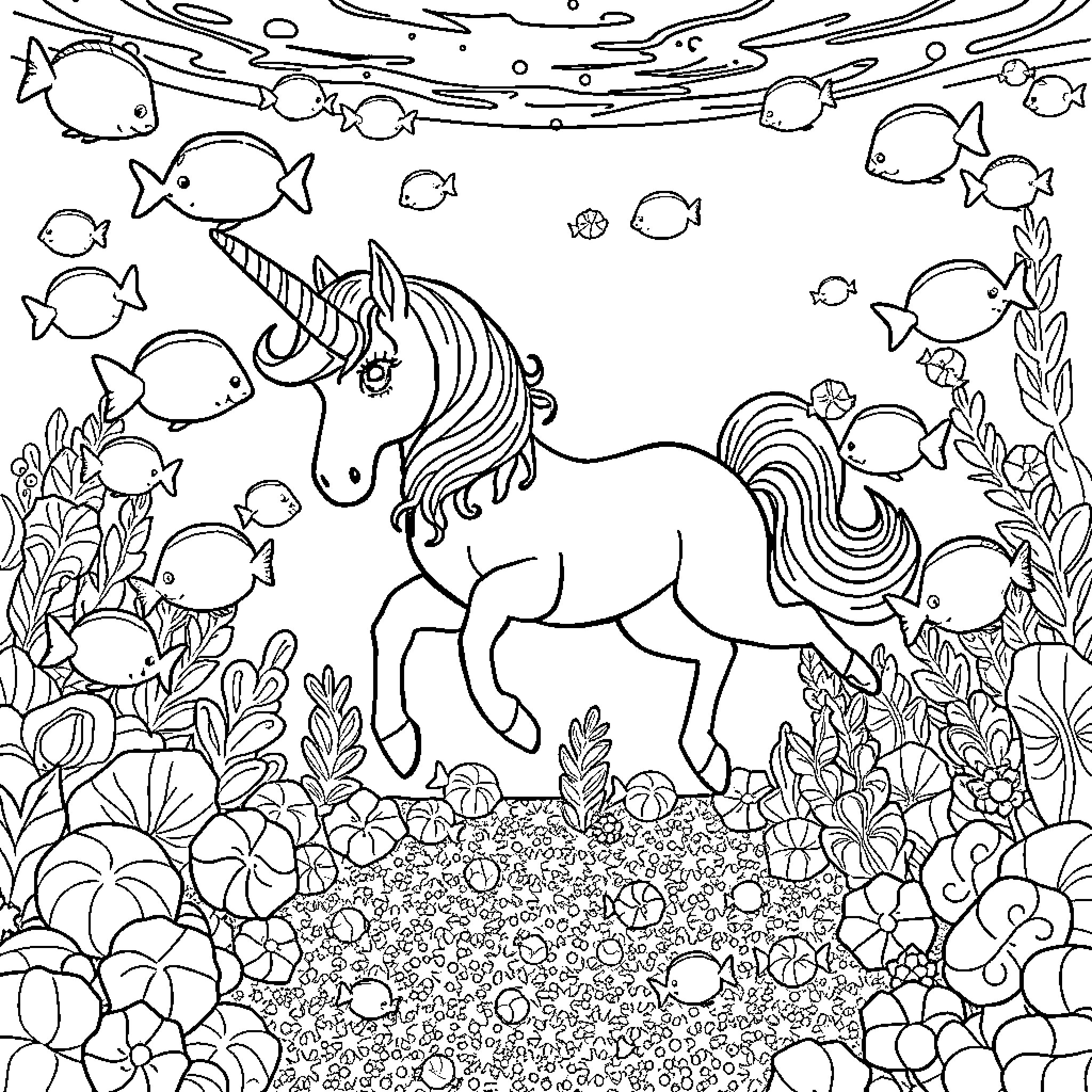 Unicorn swimming amongst marine life in an underwater scene Coloring Page (free black-and-white line drawing printable PDF for all, from beginners to advanced learners, including children, teens, adults, and seniors)