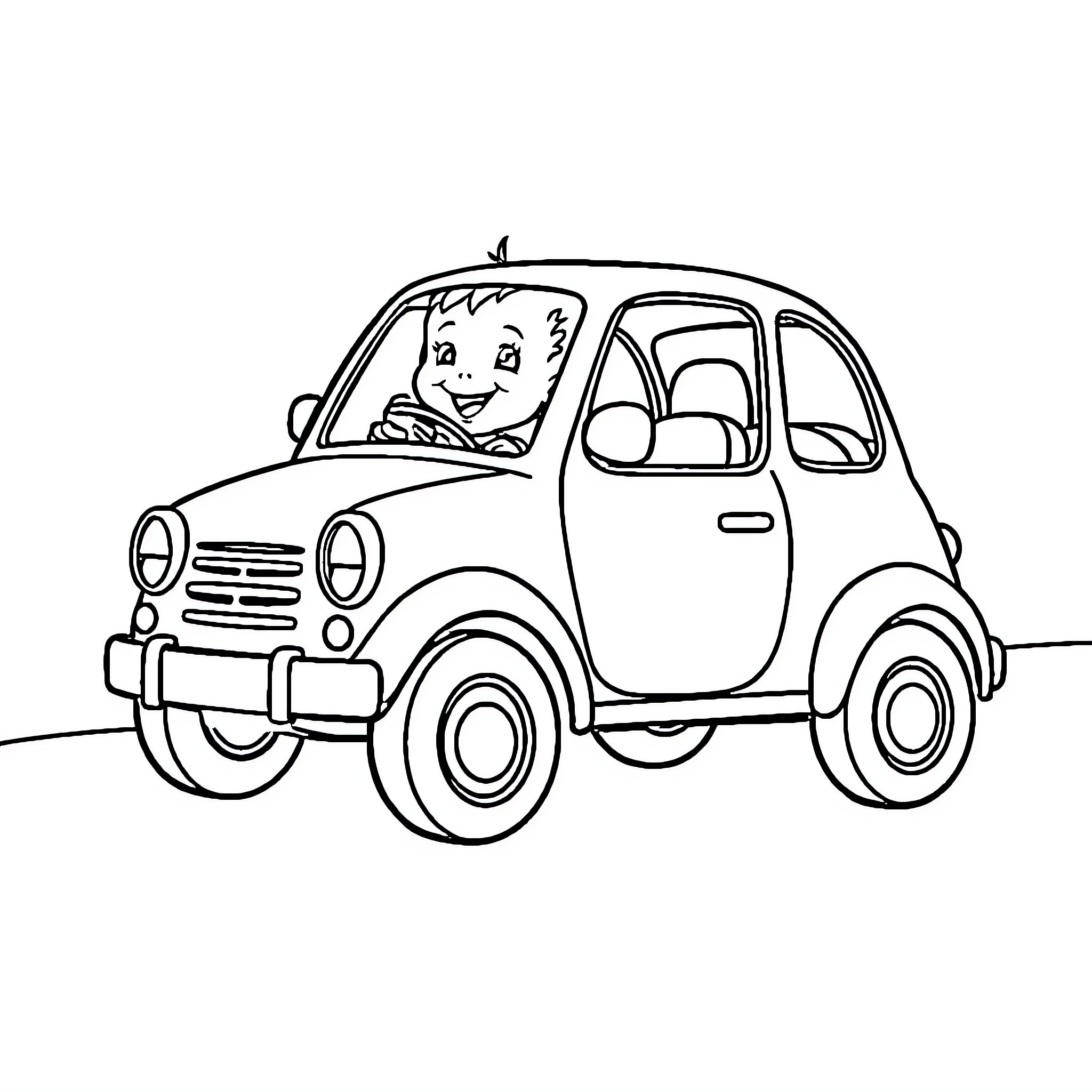 Baby Car Happily Driving Coloring Page (free black-and-white line drawing printable PDF for all, from beginners to advanced learners, including children, teens, adults, and seniors)
