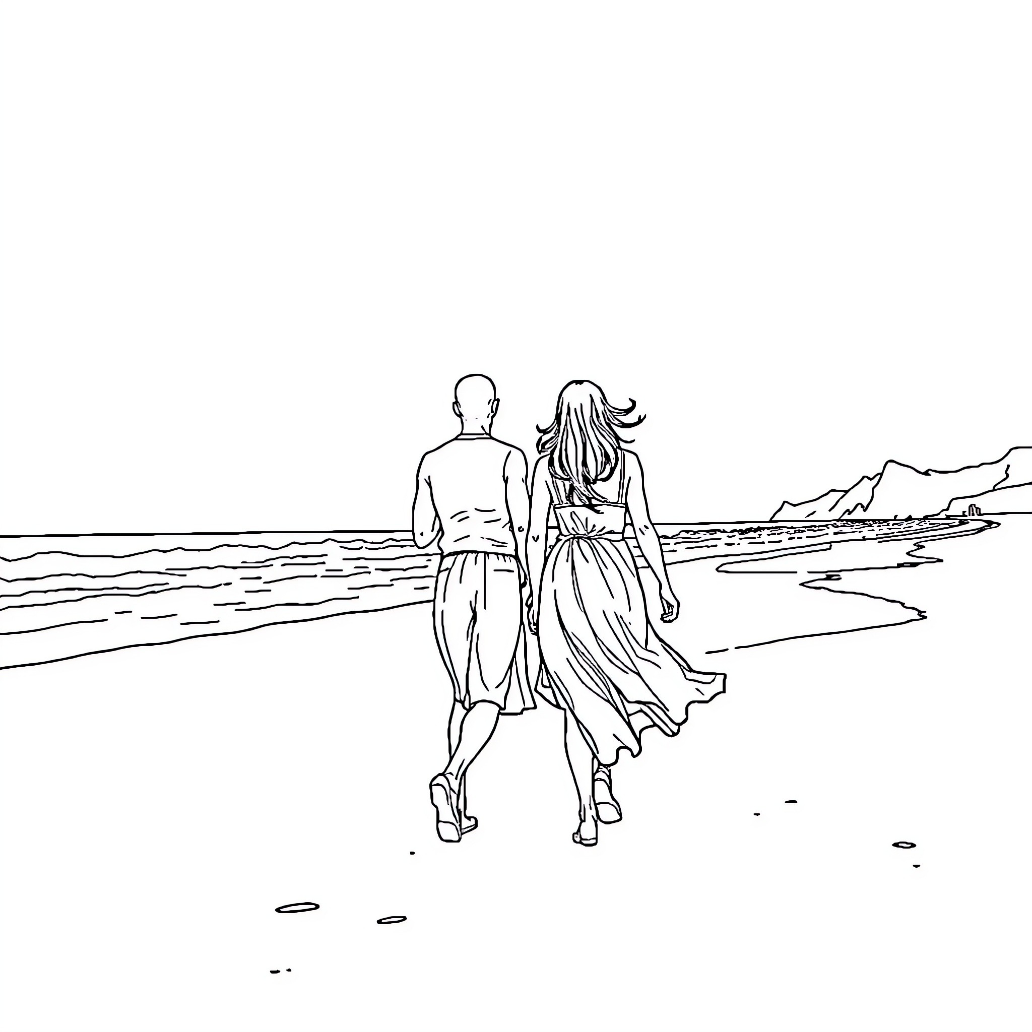 Person walking together on the beach Coloring Page (free black-and-white line drawing printable PDF for all, from beginners to advanced learners, including children, teens, adults, and seniors)