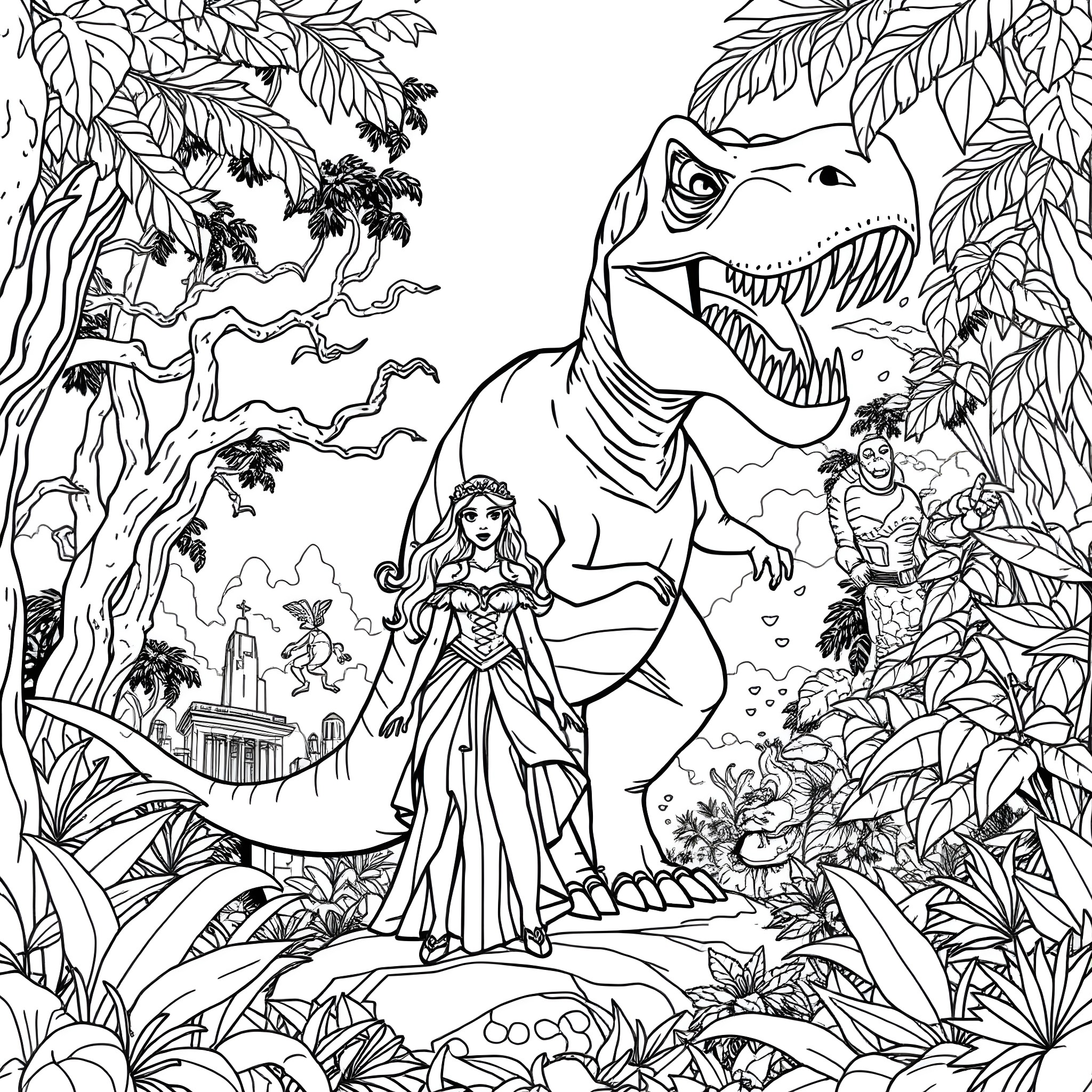Princess in a Fantastical Jungle Realm Coloring Page (free black-and-white line drawing printable PDF for all, from beginners to advanced learners, including children, teens, adults, and seniors)