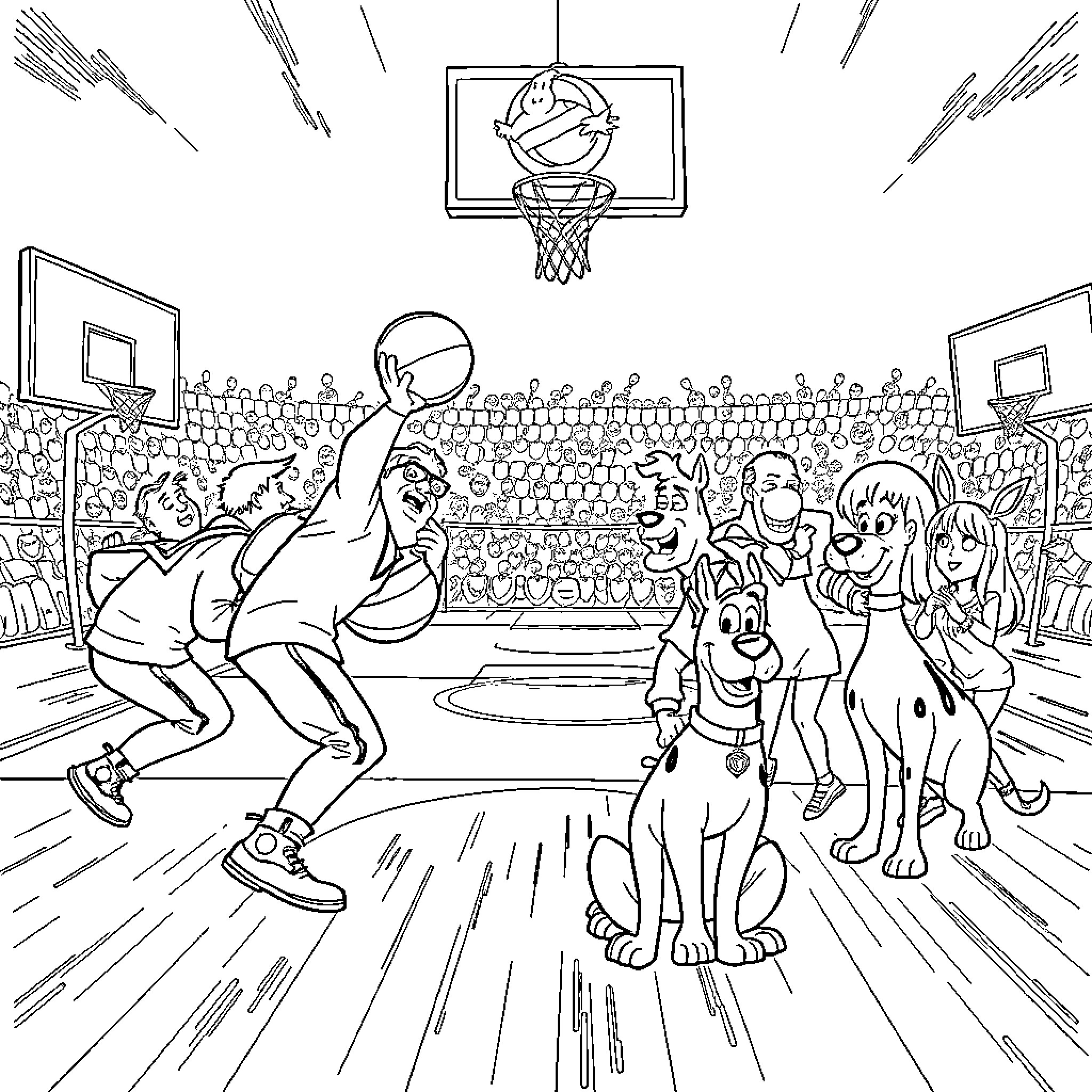 Ghostbusters team in action at basketball court Coloring Page (free black-and-white line drawing printable PDF for all, from beginners to advanced learners, including children, teens, adults, and seniors)