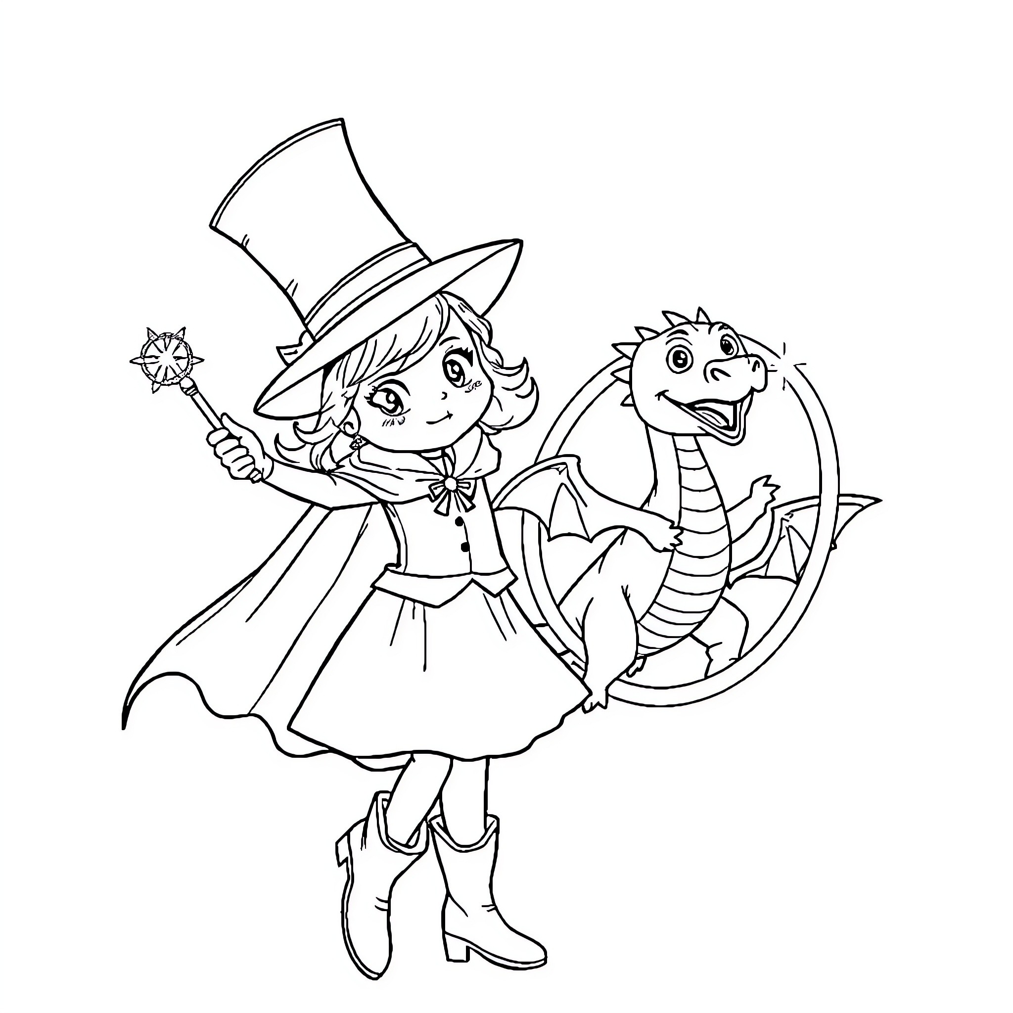 Girl magician with dragon companion Coloring Page (free black-and-white line drawing printable PDF for all, from beginners to advanced learners, including children, teens, adults, and seniors)