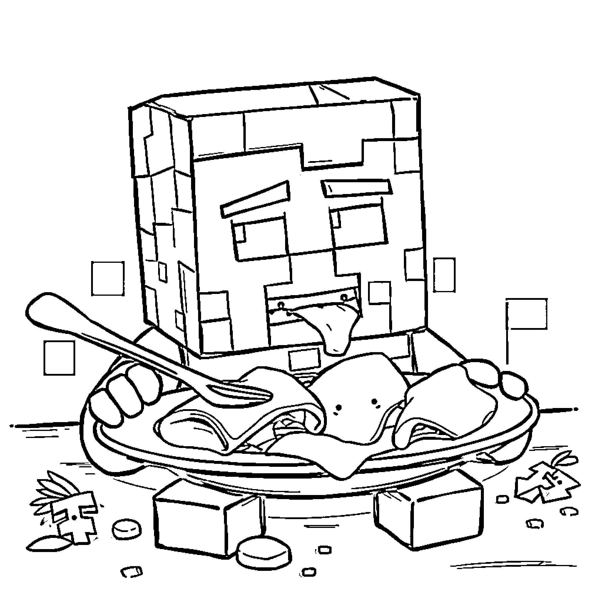 Creeper cooking with disturbing expressions Coloring Page (free black-and-white line drawing printable PDF for all, from beginners to advanced learners, including children, teens, adults, and seniors)