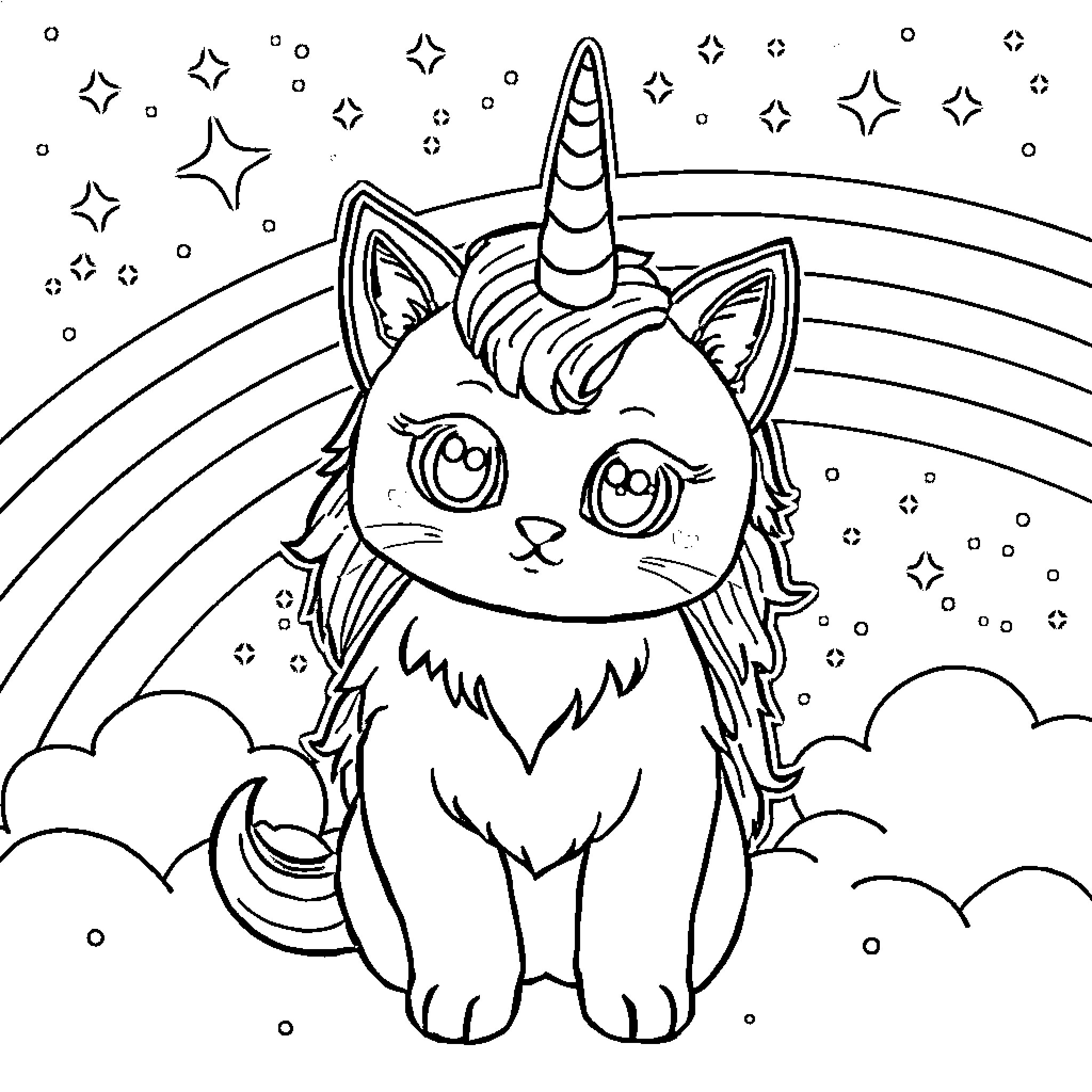 Kittycorn playing happily in the magical starry sky Coloring Page (free black-and-white line drawing printable PDF for all, from beginners to advanced learners, including children, teens, adults, and seniors)