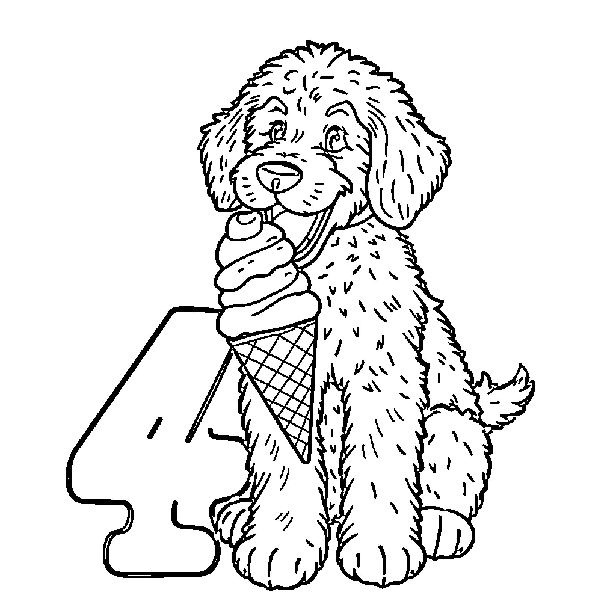Doodle of a furry dog enjoying an ice cream cone Coloring Page (free black-and-white line drawing printable PDF for all, from beginners to advanced learners, including children, teens, adults, and seniors)