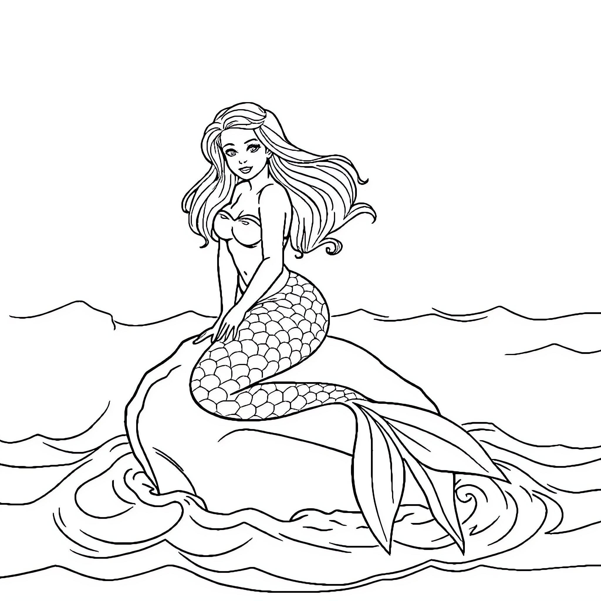 Mermaid sitting gracefully on a rock in the ocean Coloring Page (free black-and-white line drawing printable PDF for all, from beginners to advanced learners, including children, teens, adults, and seniors)