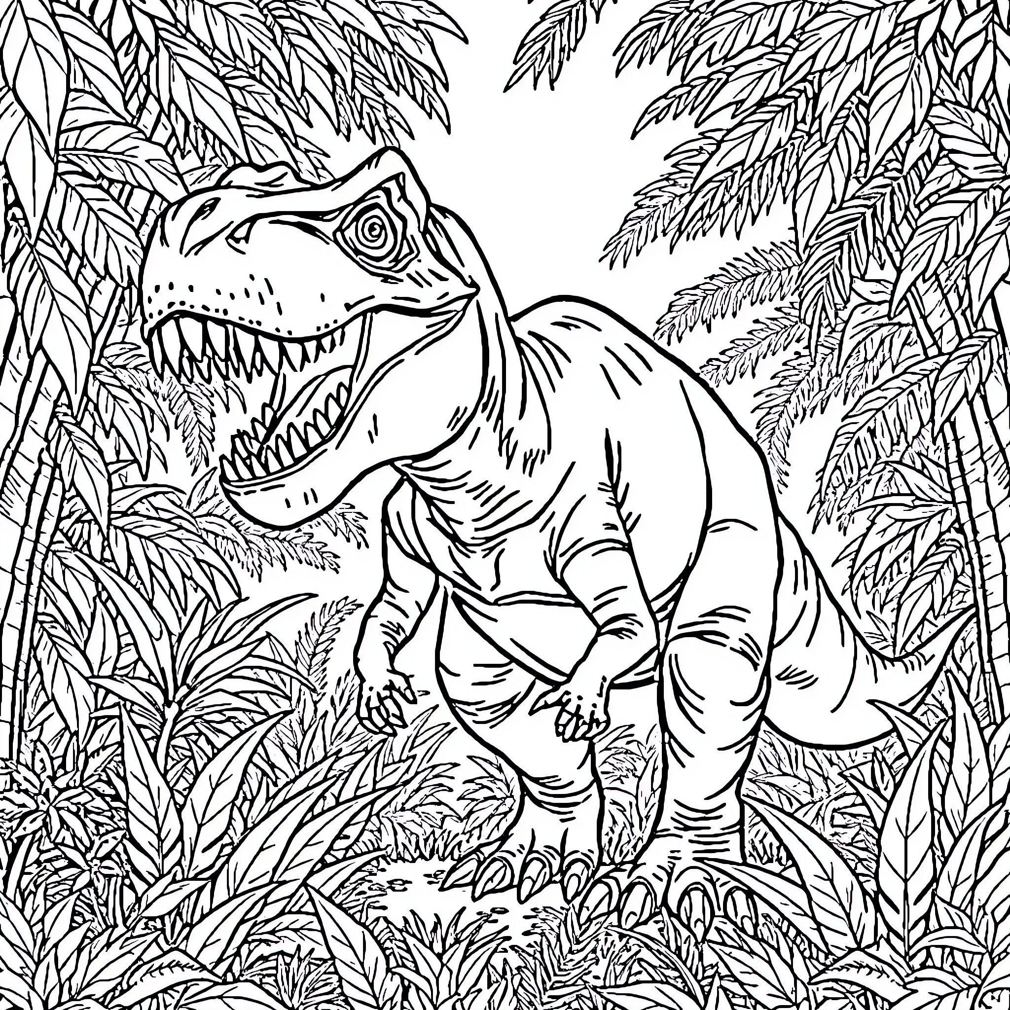 Tyrannosaurus stalking its prey in the jungle Coloring Page (free black-and-white line drawing printable PDF for all, from beginners to advanced learners, including children, teens, adults, and seniors)