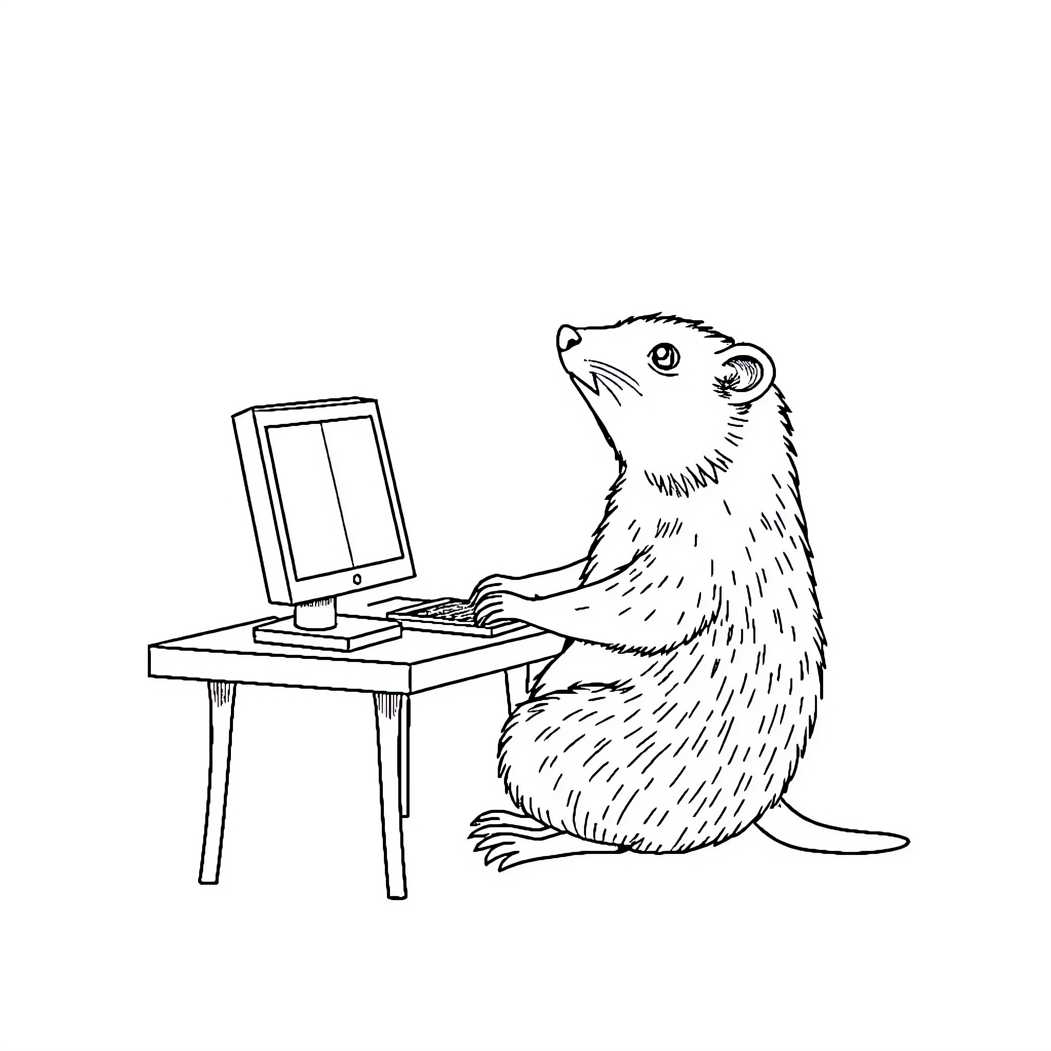 Mole typing diligently on a computer Coloring Page (free black-and-white line drawing printable PDF for all, from beginners to advanced learners, including children, teens, adults, and seniors)