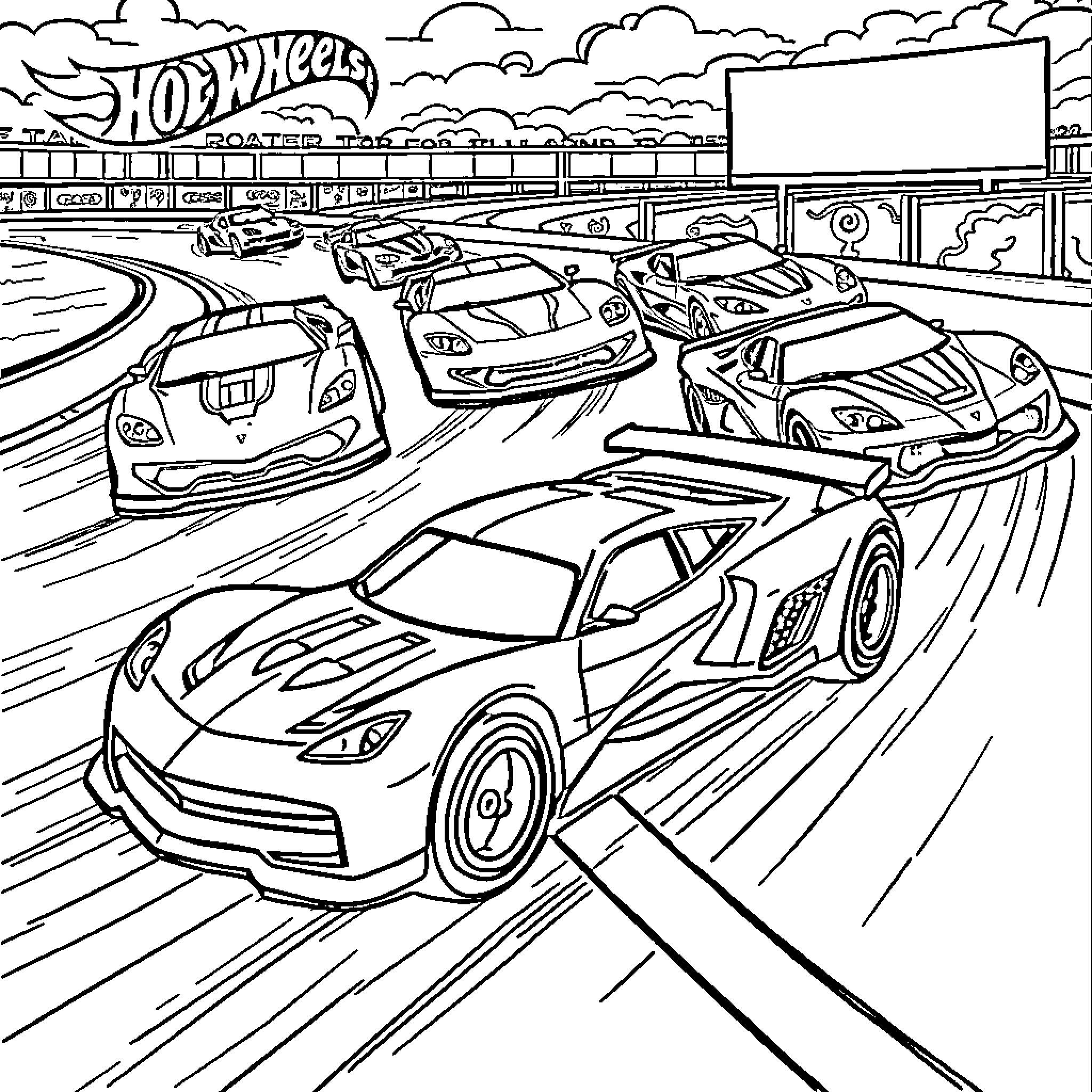 Hot Wheels racing cars on the track Coloring Page (free black-and-white line drawing printable PDF for all, from beginners to advanced learners, including children, teens, adults, and seniors)