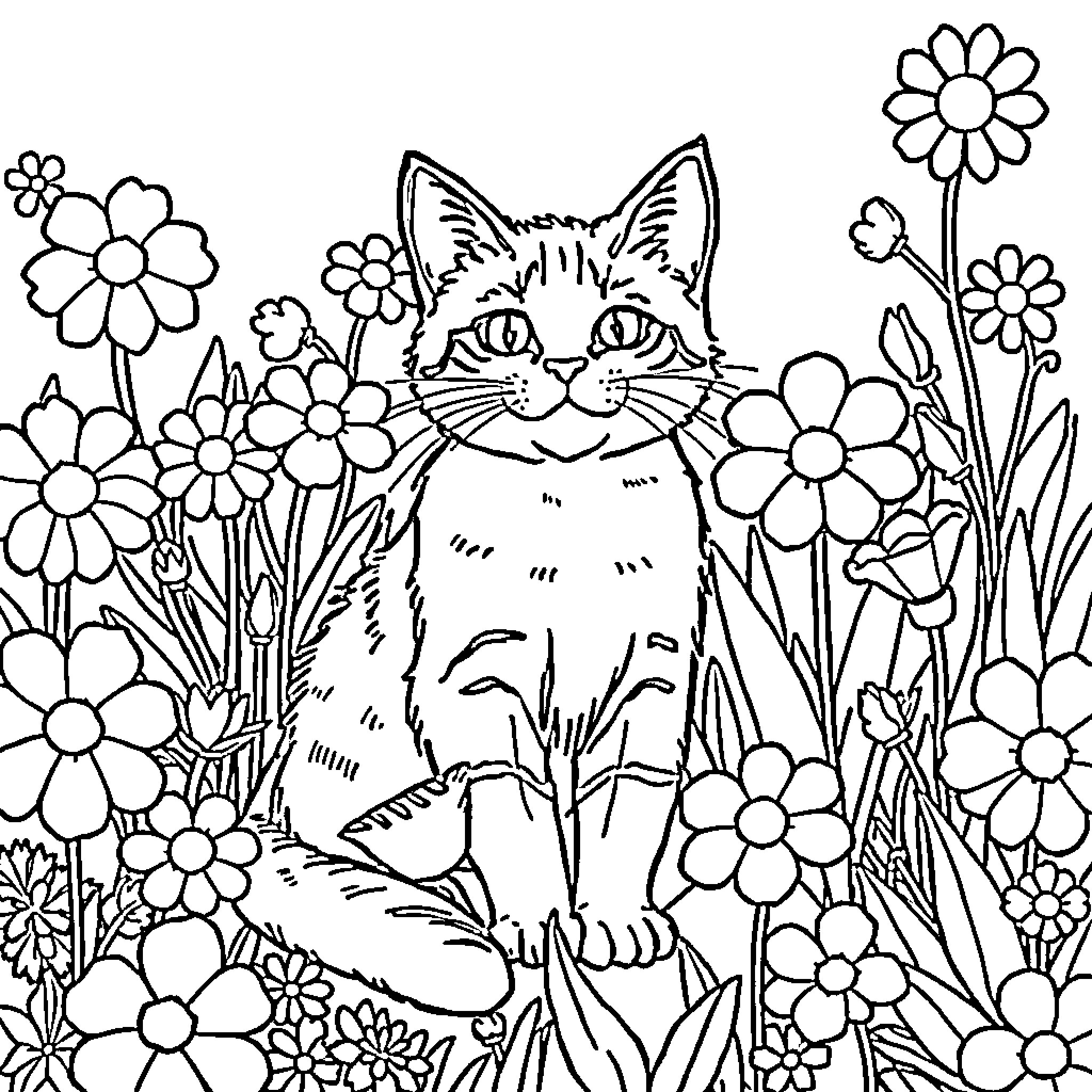 Cat surrounded by delightful flowers Coloring Page (free black-and-white line drawing printable PDF for all, from beginners to advanced learners, including children, teens, adults, and seniors)