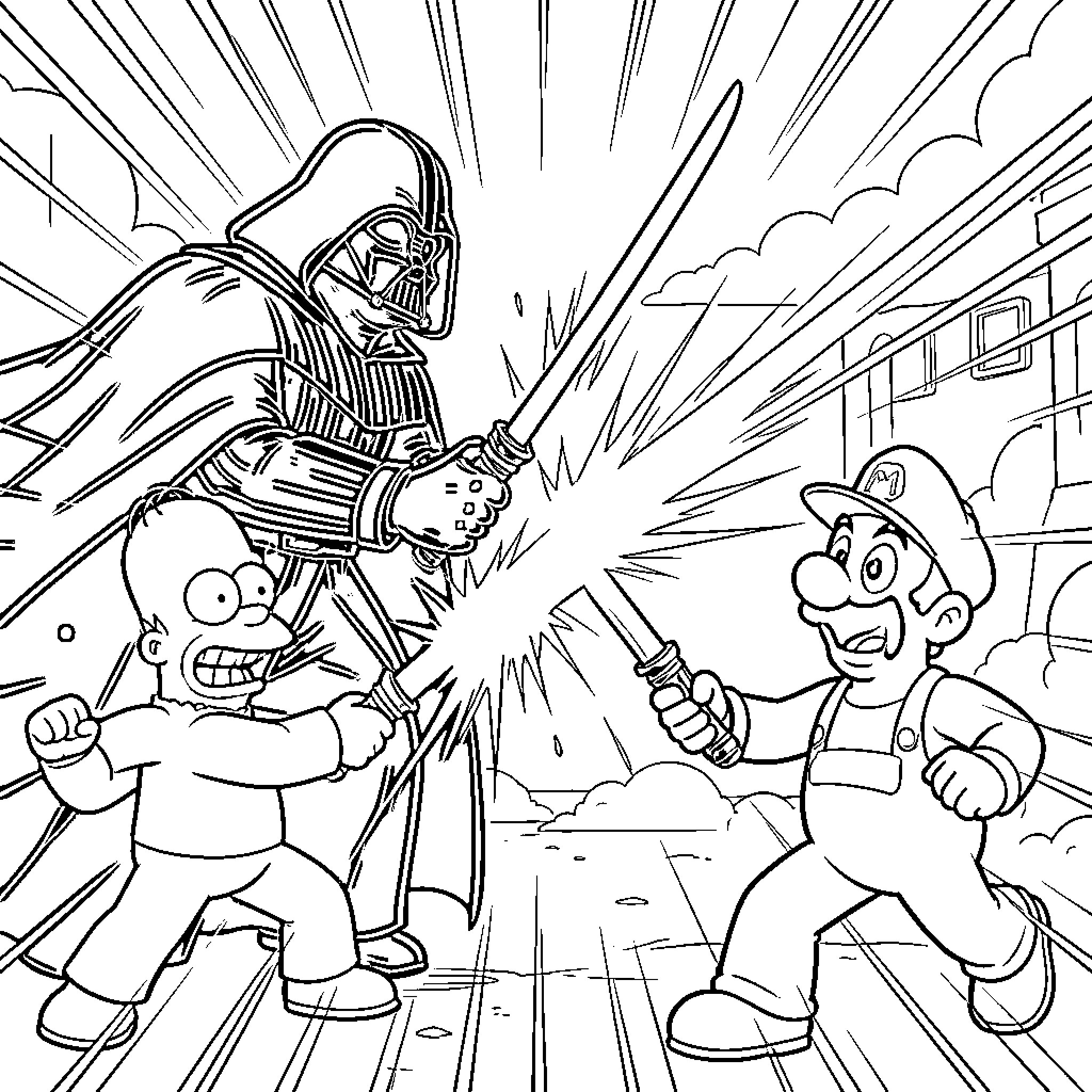 Vader battles plumber in comic book style Coloring Page (free black-and-white line drawing printable PDF for all, from beginners to advanced learners, including children, teens, adults, and seniors)