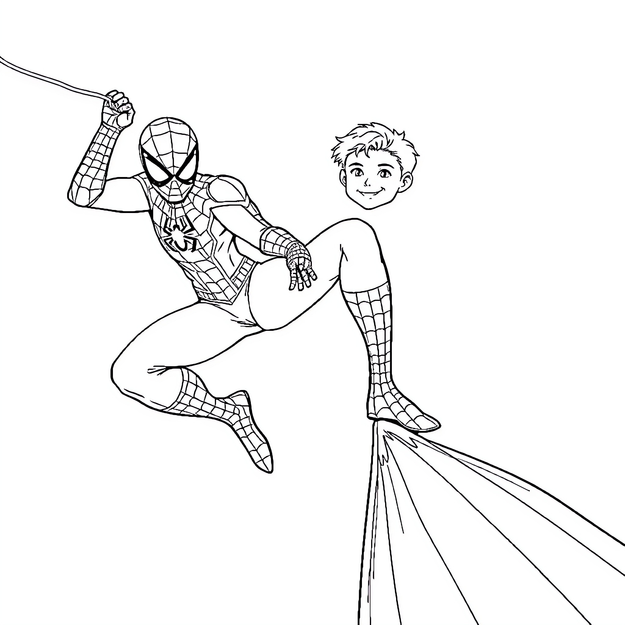 Spiderman saving a child from peril Coloring Page (free black-and-white line drawing printable PDF for all, from beginners to advanced learners, including children, teens, adults, and seniors)