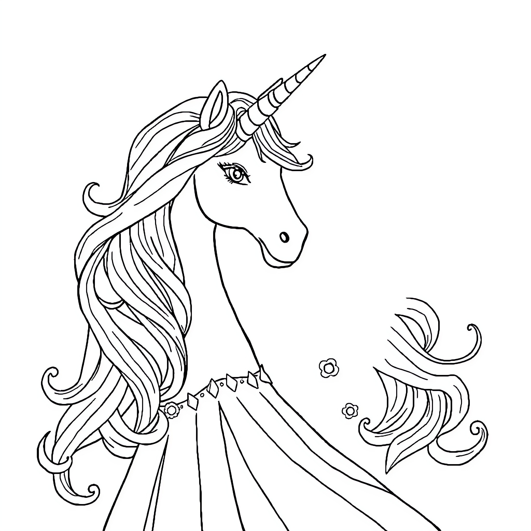 Unicorn with Flowing Mane and Horn Coloring Page (free black-and-white line drawing printable PDF for all, from beginners to advanced learners, including children, teens, adults, and seniors)