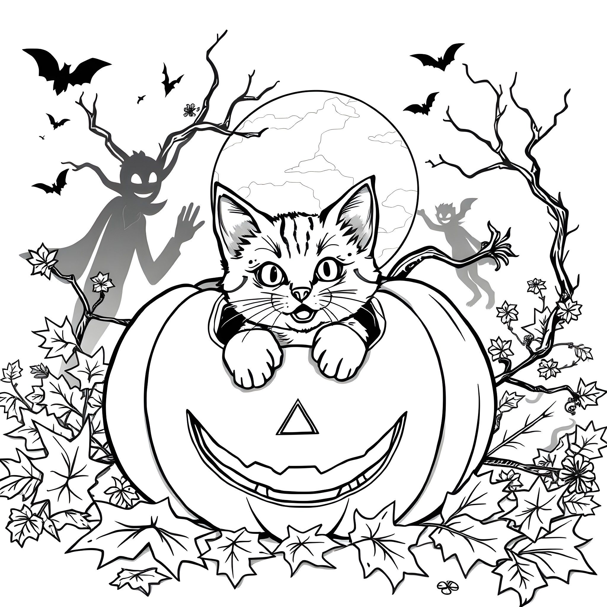 Cat peeks out from Halloween pumpkin Coloring Page (free black-and-white line drawing printable PDF for all, from beginners to advanced learners, including children, teens, adults, and seniors)