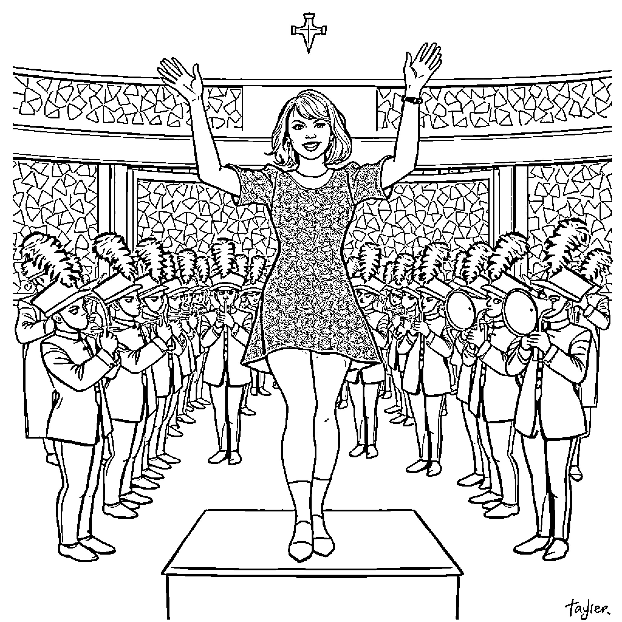 Taylor Swift performing on stage with dancers Coloring Page (free black-and-white line drawing printable PDF for all, from beginners to advanced learners, including children, teens, adults, and seniors)