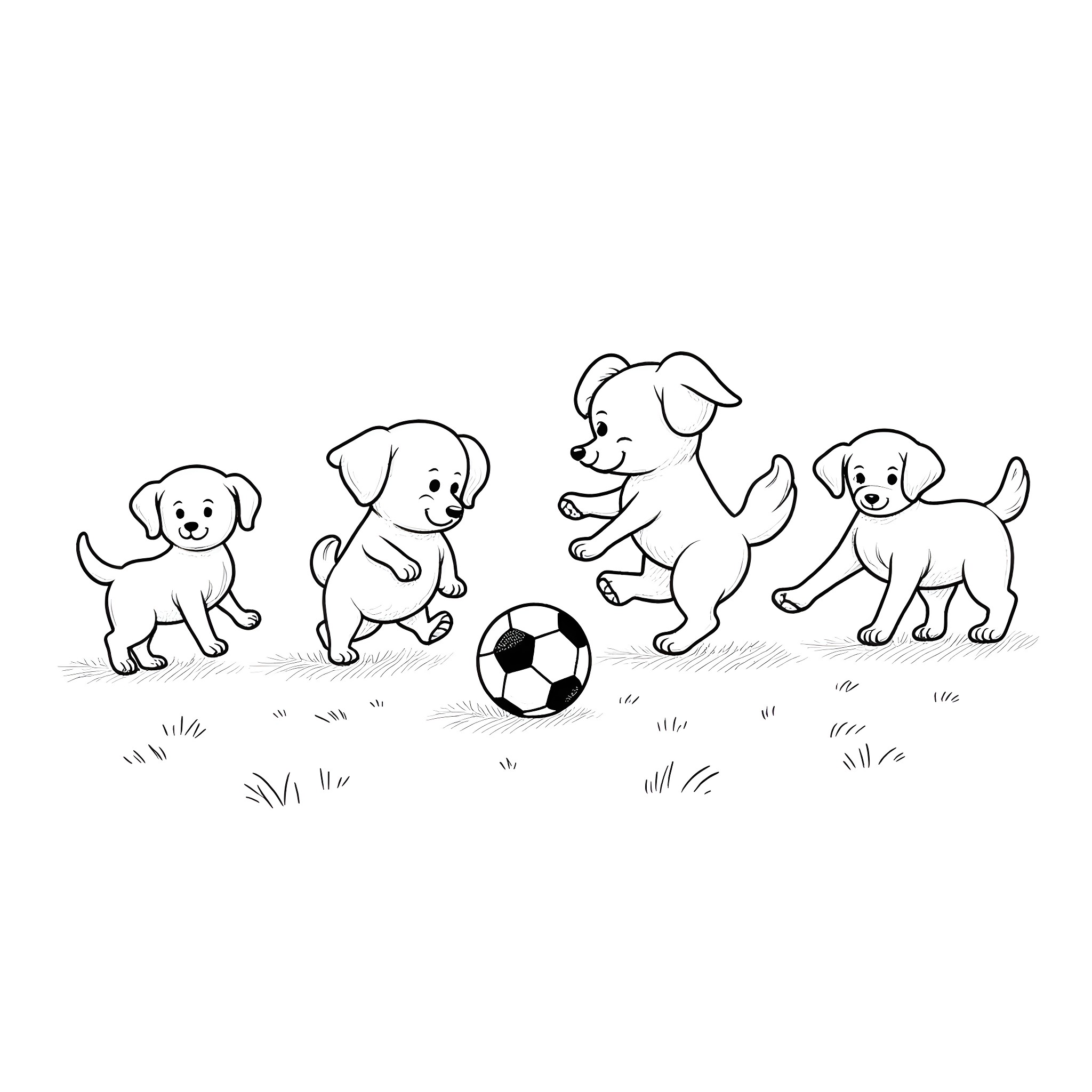 Puppies playing joyfully with soccer ball Coloring Page (free black-and-white line drawing printable PDF for all, from beginners to advanced learners, including children, teens, adults, and seniors)