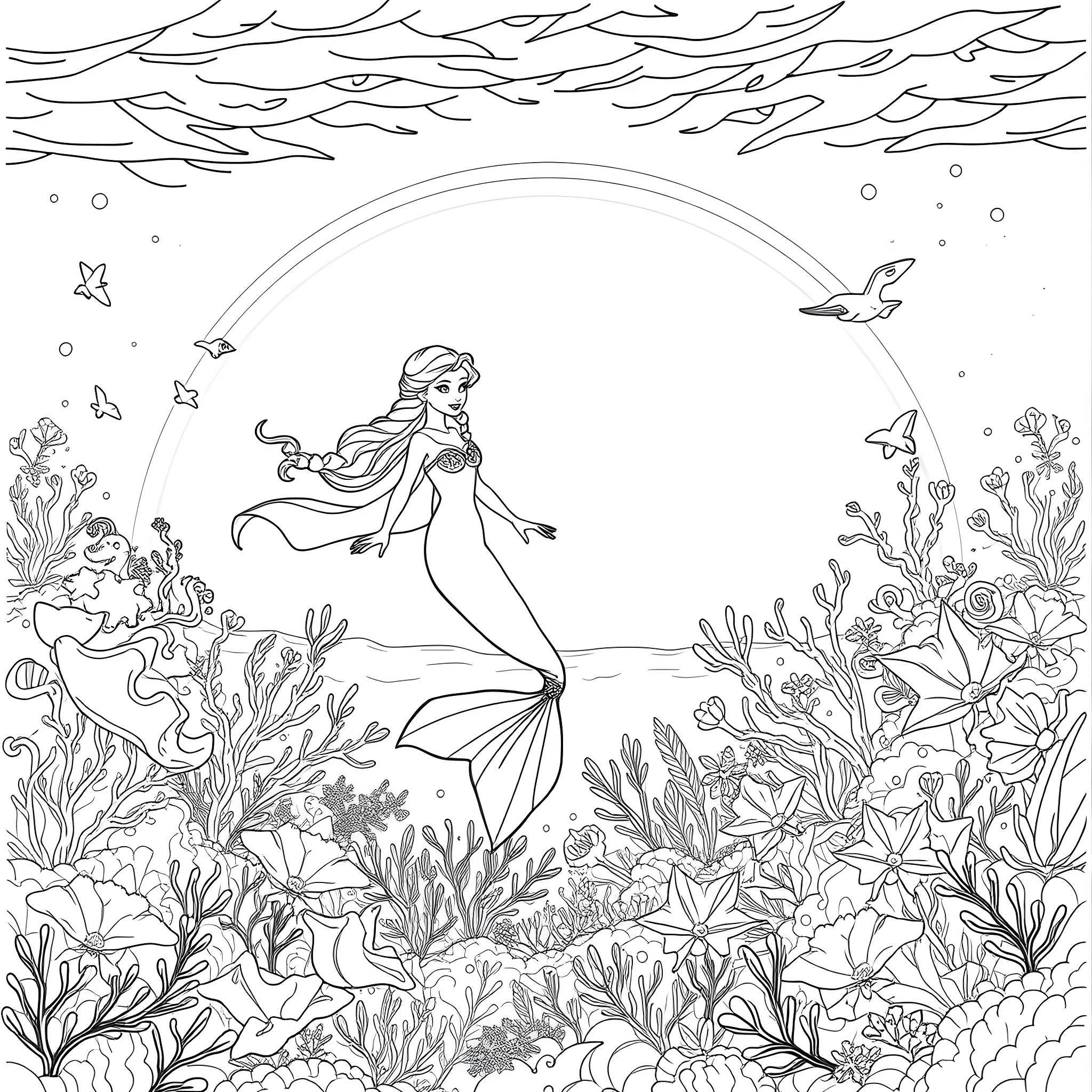 Mermaid Swimming Gracefully in Underwater Seascape Coloring Page (free black-and-white line drawing printable PDF for all, from beginners to advanced learners, including children, teens, adults, and seniors)
