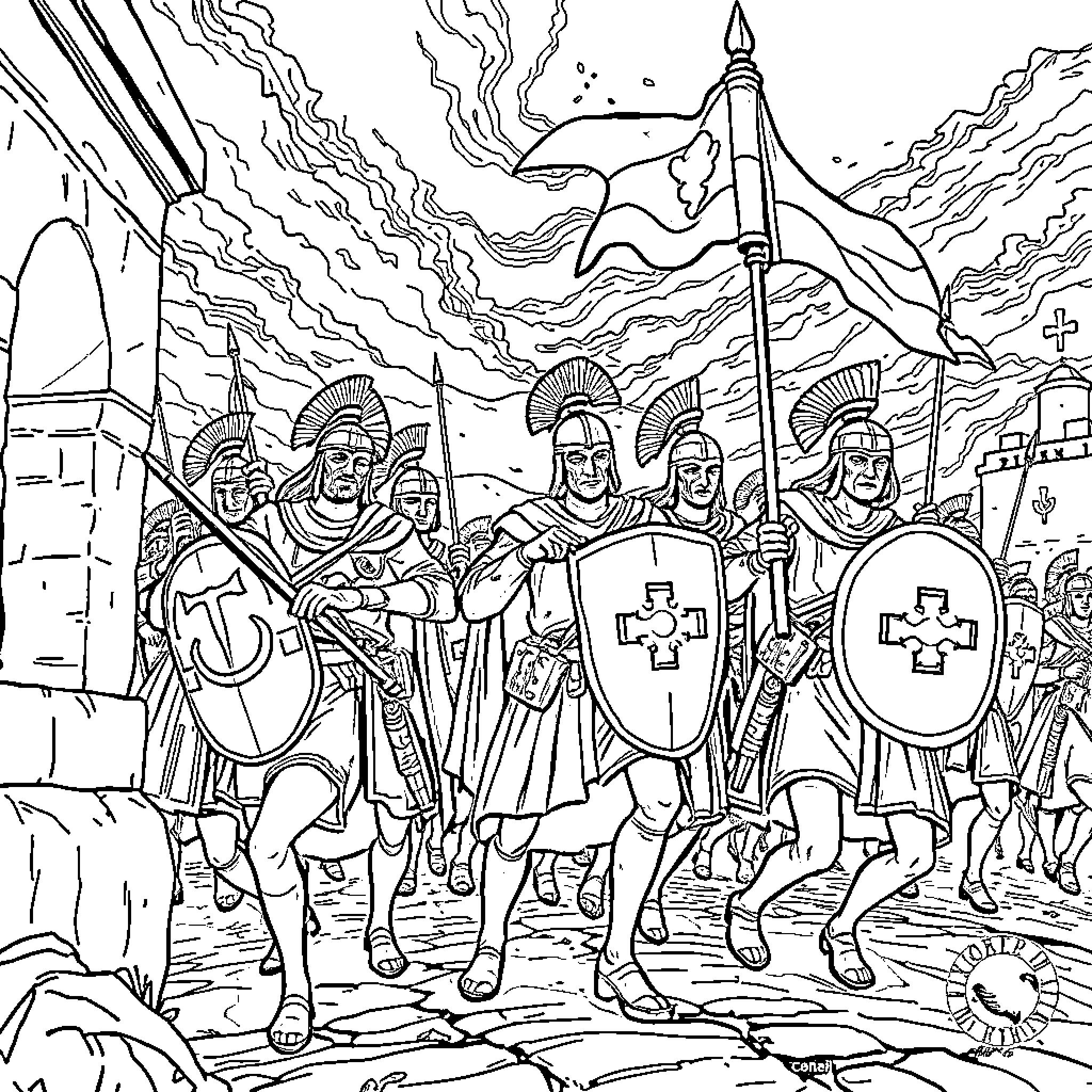 Soldiers marching in battle formation with shields and weapons Coloring Page (free black-and-white line drawing printable PDF for all, from beginners to advanced learners, including children, teens, adults, and seniors)