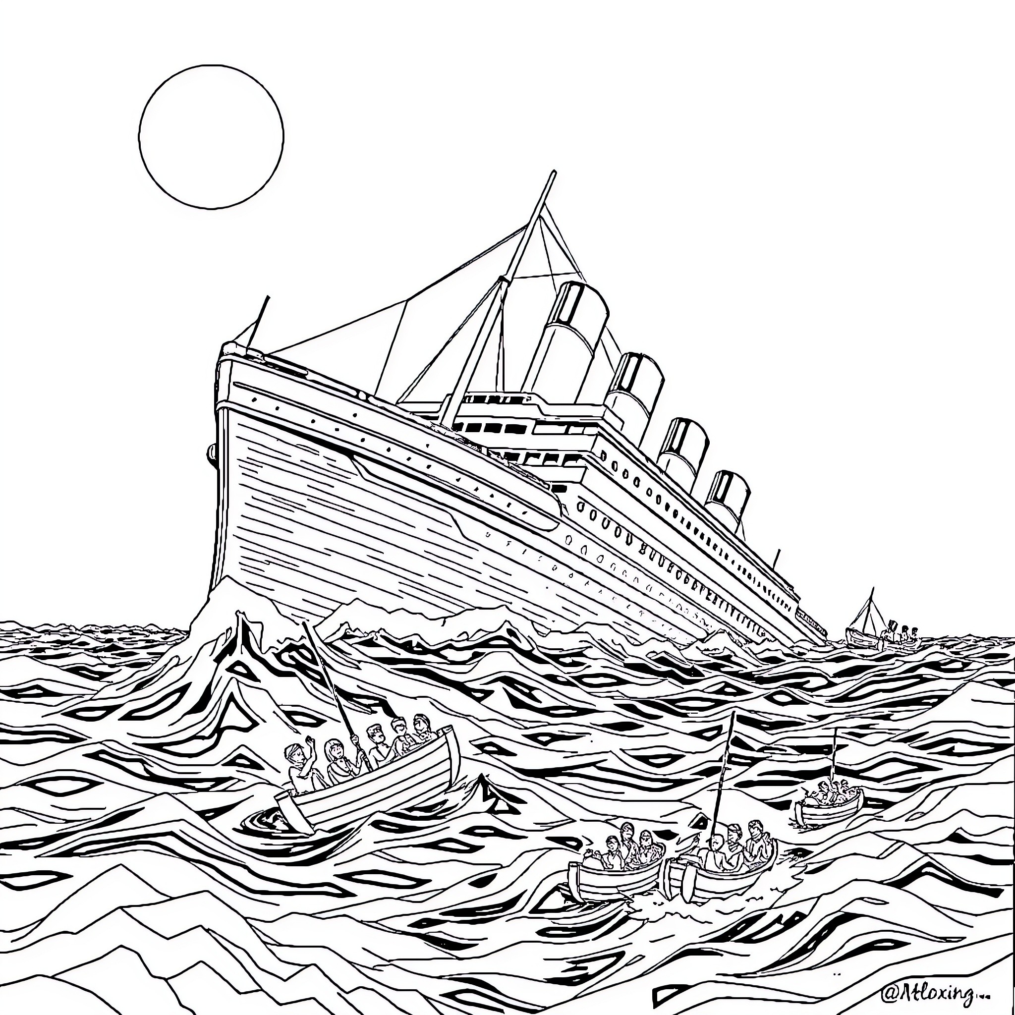 Titanic ship sinking in the rough ocean Coloring Page (free black-and-white line drawing printable PDF for all, from beginners to advanced learners, including children, teens, adults, and seniors)