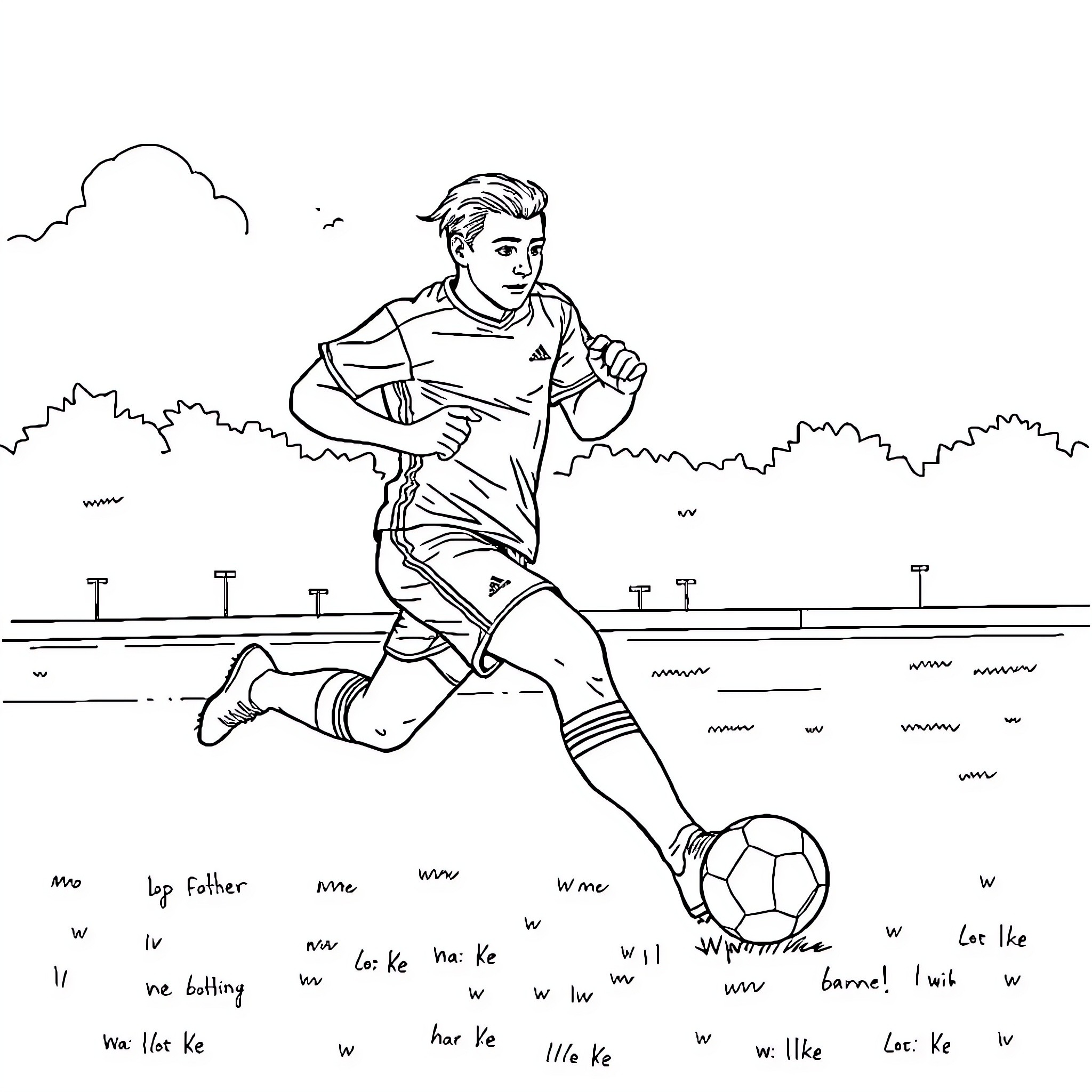 Gorbachov running with a soccer ball Coloring Page (free black-and-white line drawing printable PDF for all, from beginners to advanced learners, including children, teens, adults, and seniors)