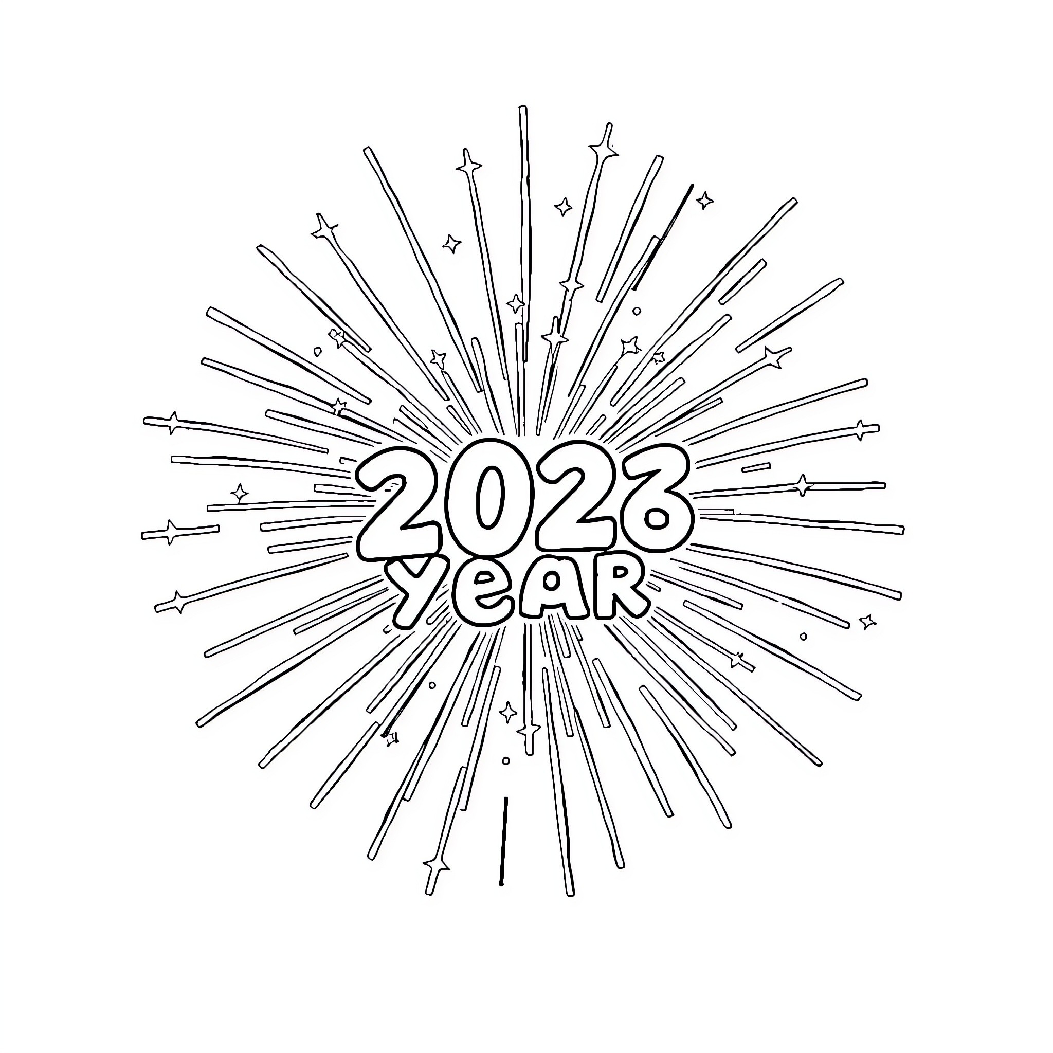 Firework display celebrating the new year 2023 Coloring Page (free black-and-white line drawing printable PDF for all, from beginners to advanced learners, including children, teens, adults, and seniors)