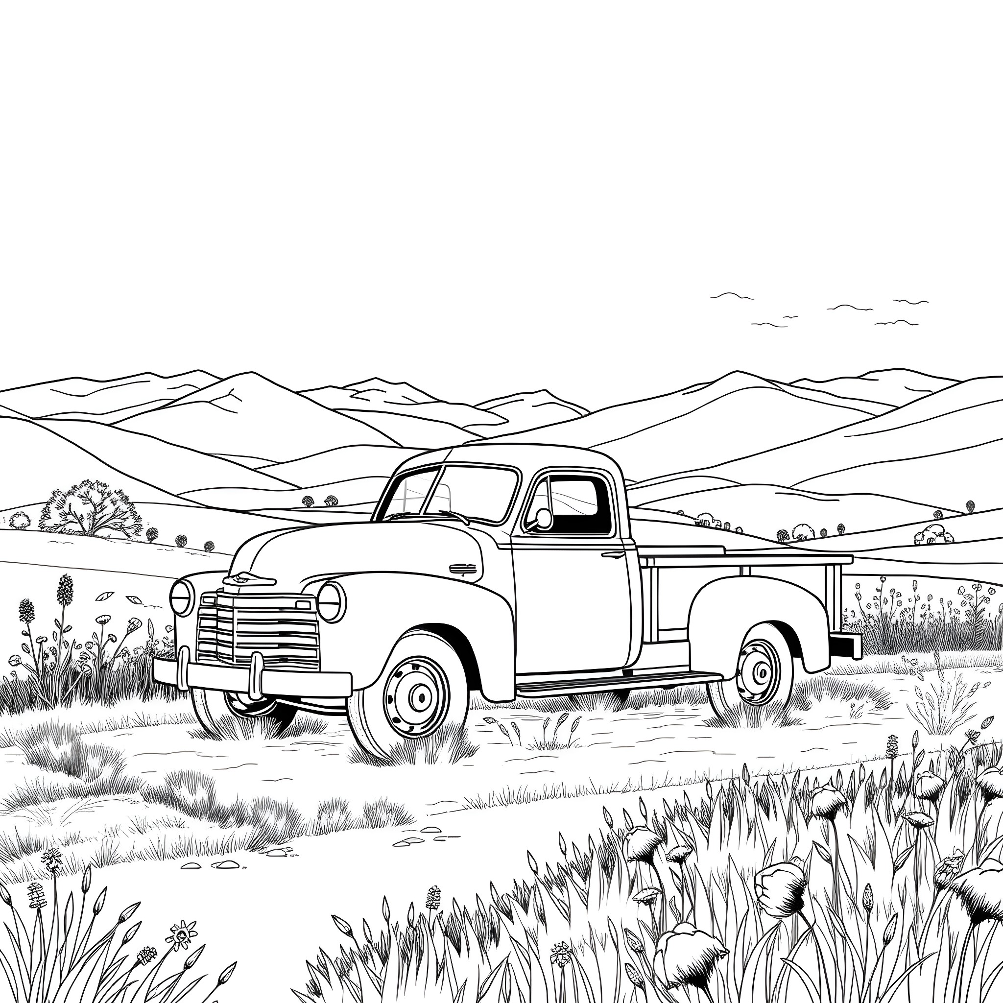 Truck in countryside landscape Coloring Page (free black-and-white line drawing printable PDF for all, from beginners to advanced learners, including children, teens, adults, and seniors)