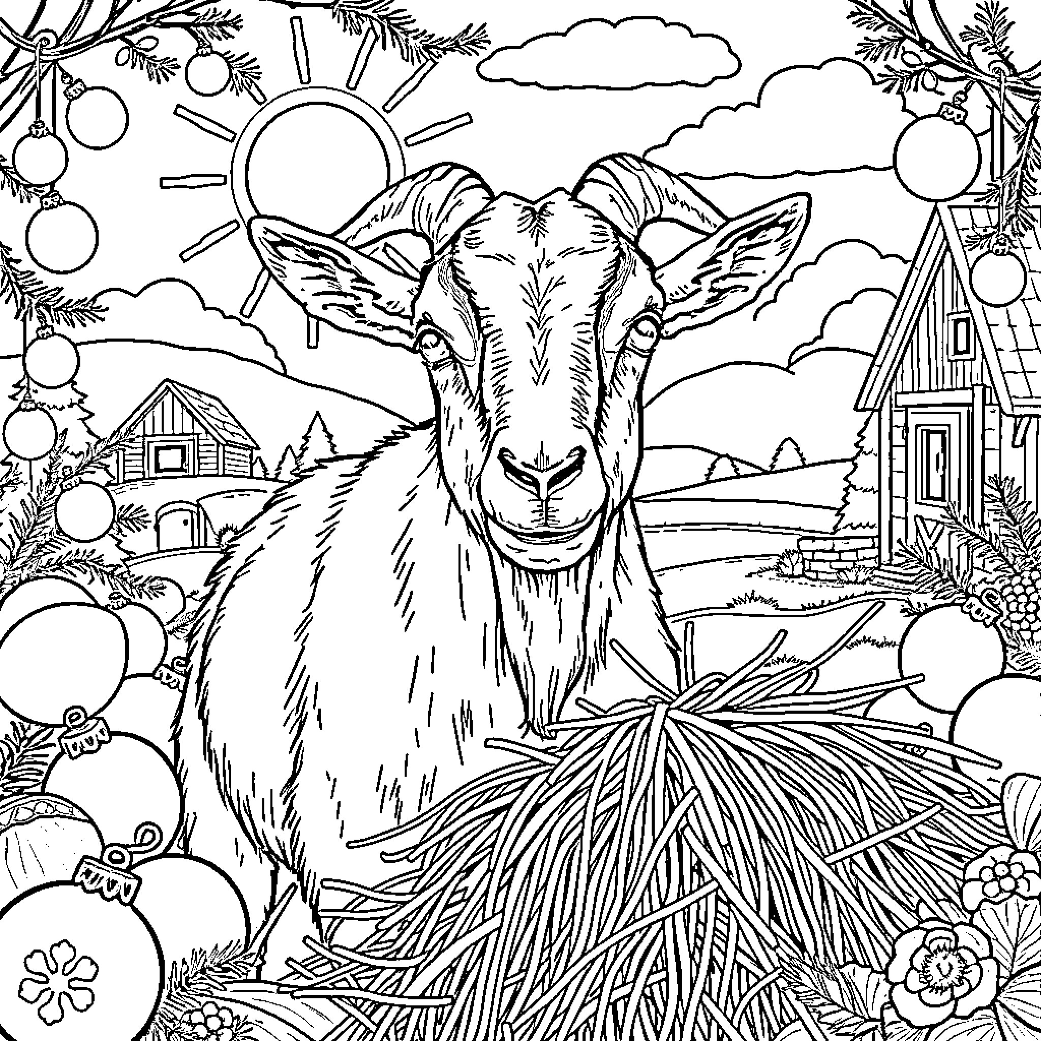 Goat standing amidst nature's beauty Coloring Page (free black-and-white line drawing printable PDF for all, from beginners to advanced learners, including children, teens, adults, and seniors)