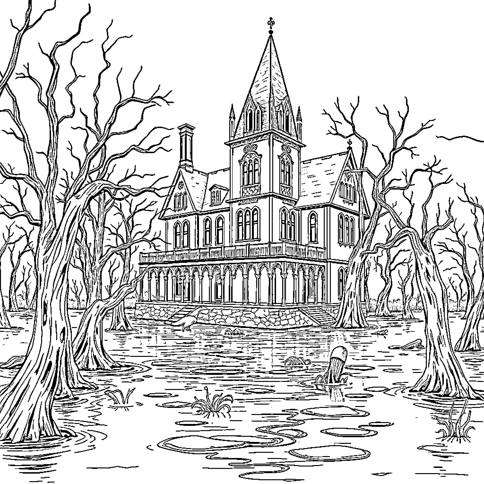 Big Foot exploring a haunted mansion in a swampy forest Coloring Page (free black-and-white line drawing printable PDF for all, from beginners to advanced learners, including children, teens, adults, and seniors)