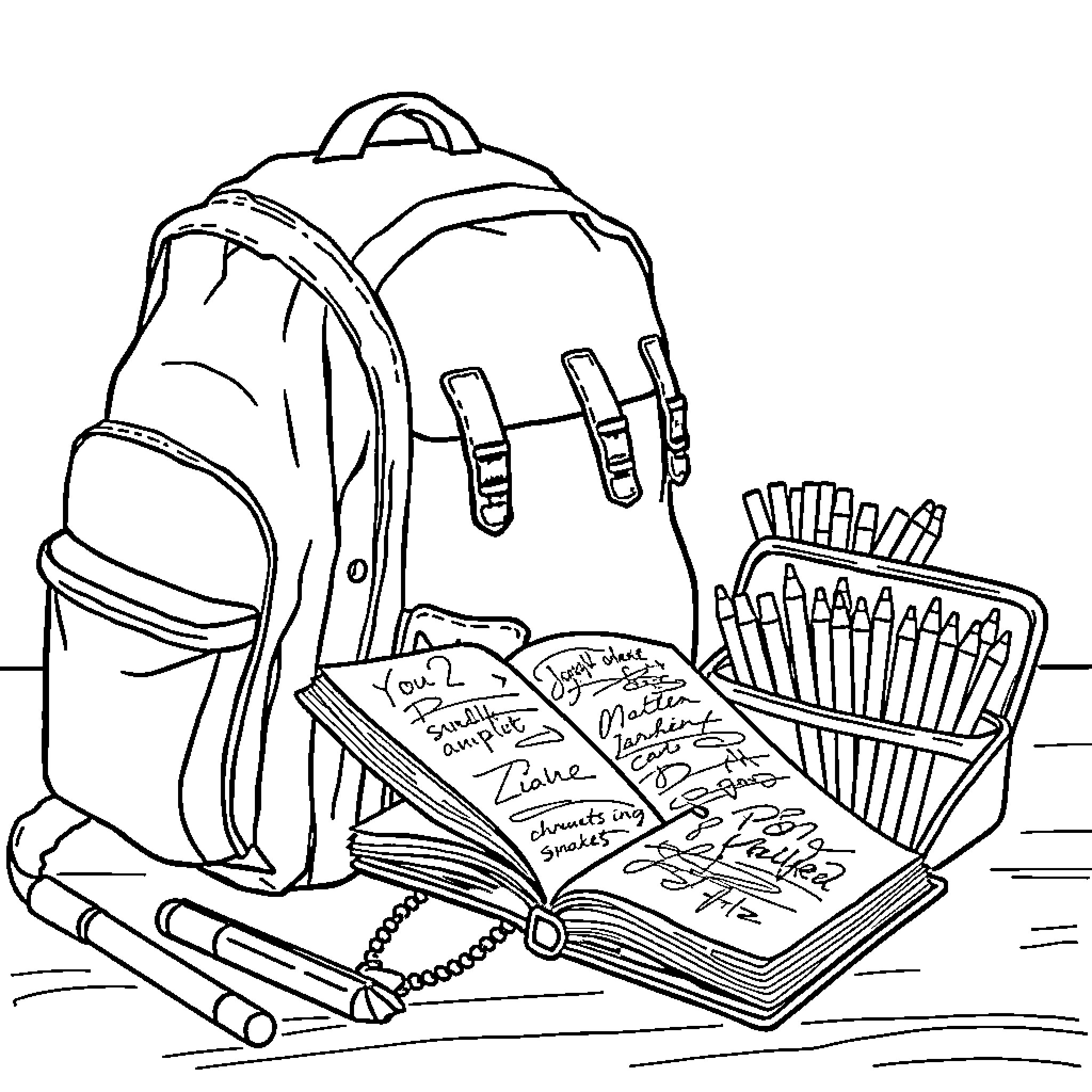 School Supplies Scattered on Desk and Backpack Coloring Page (free black-and-white line drawing printable PDF for all, from beginners to advanced learners, including children, teens, adults, and seniors)