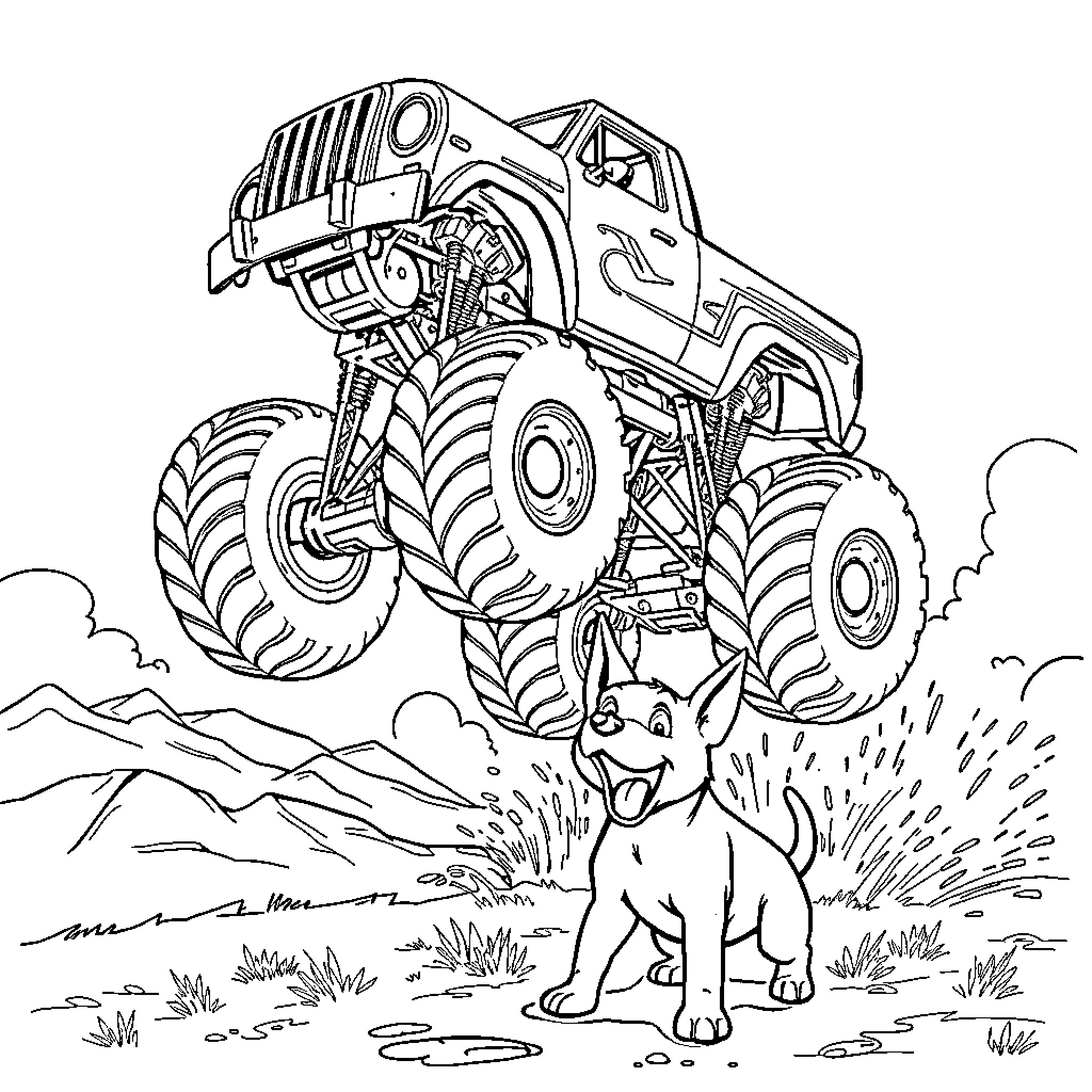 Monster Truck Crushing Terrain with Dog Companion Coloring Page (free black-and-white line drawing printable PDF for all, from beginners to advanced learners, including children, teens, adults, and seniors)