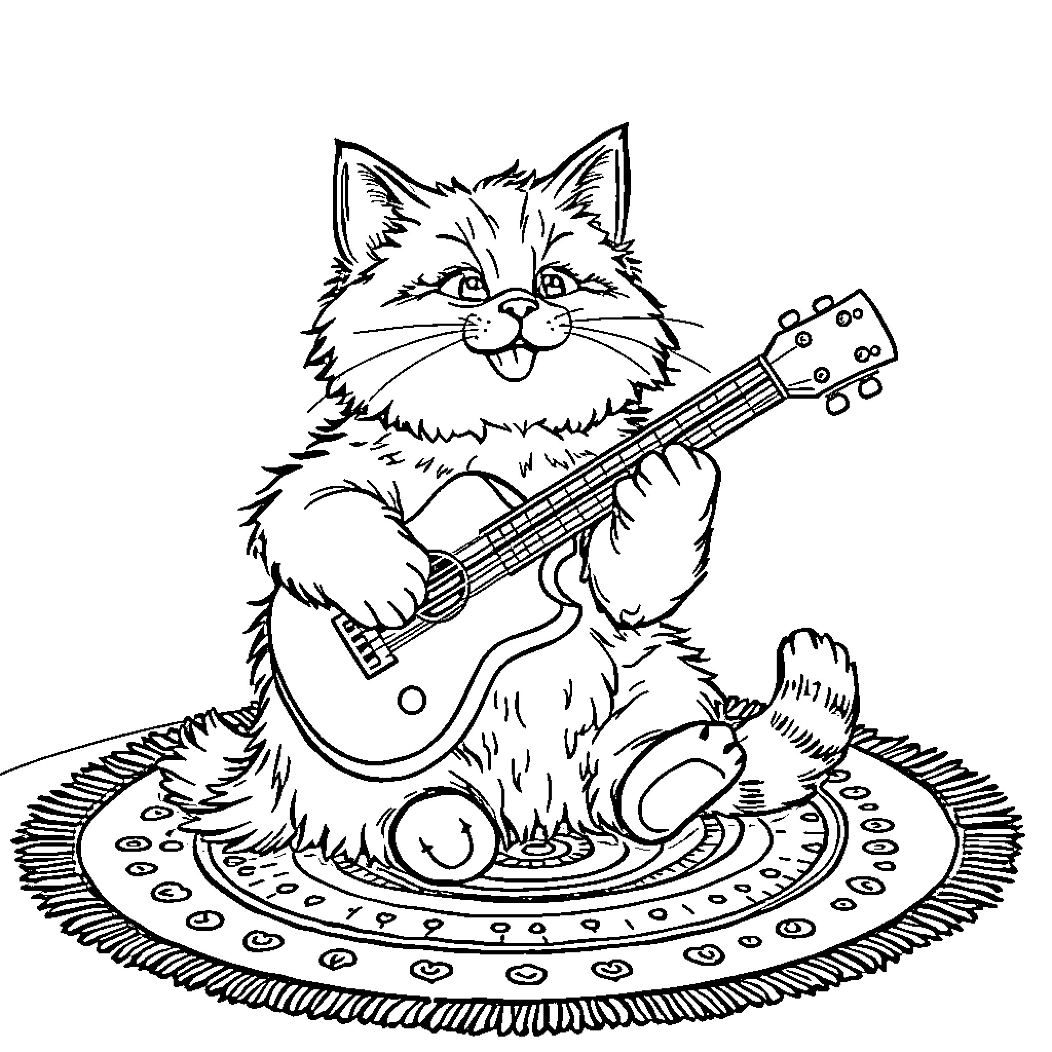 Cat playing guitar on decorative stage Coloring Page (free black-and-white line drawing printable PDF for all, from beginners to advanced learners, including children, teens, adults, and seniors)