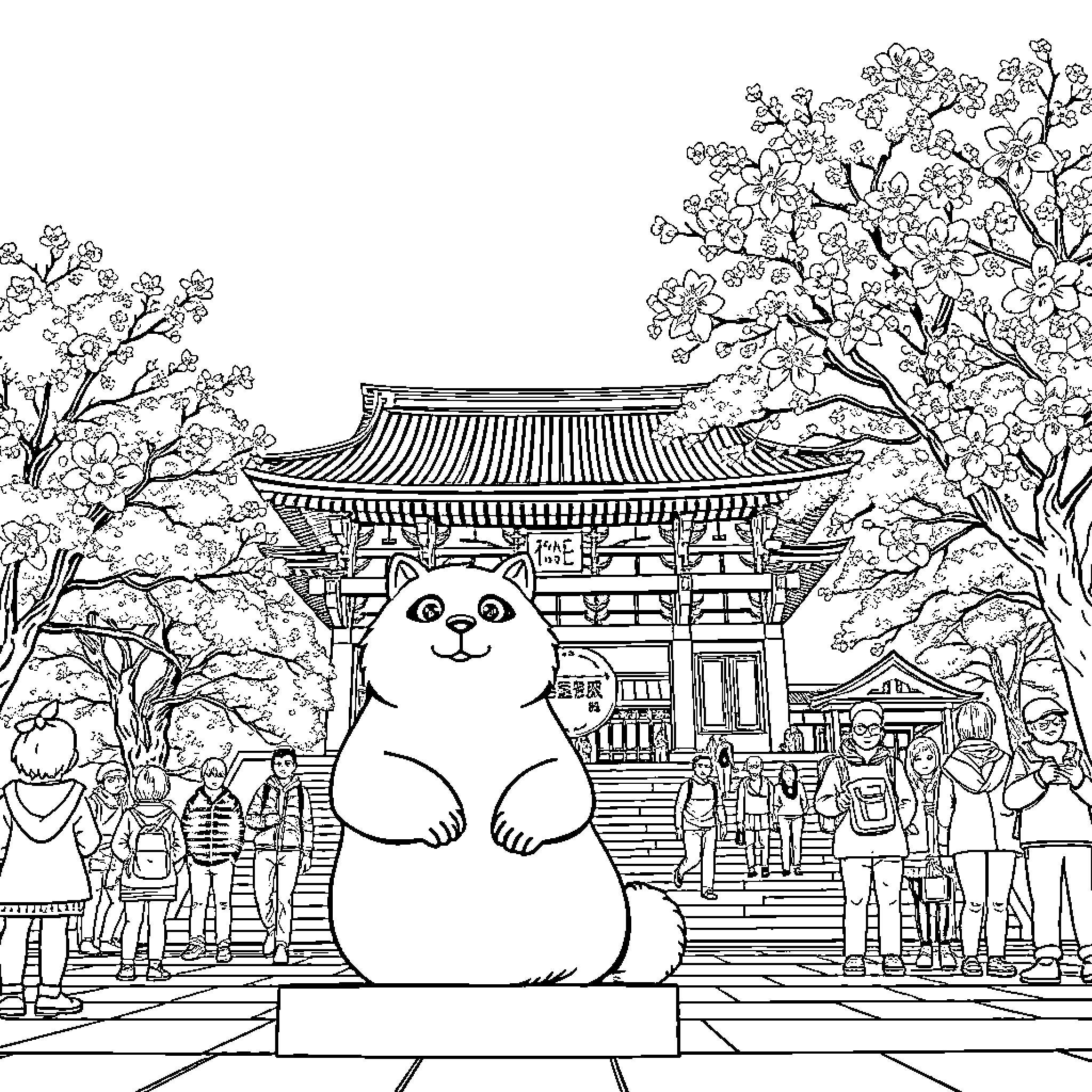 Tanuki Statue Surrounded by Vibrant Temple Scene Coloring Page (free black-and-white line drawing printable PDF for all, from beginners to advanced learners, including children, teens, adults, and seniors)