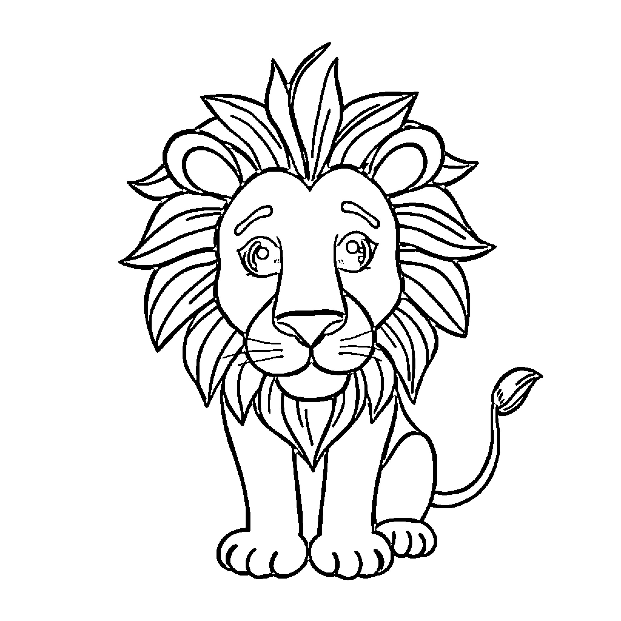 Lion in simple black and white outline Coloring Page (free black-and-white line drawing printable PDF for all, from beginners to advanced learners, including children, teens, adults, and seniors)
