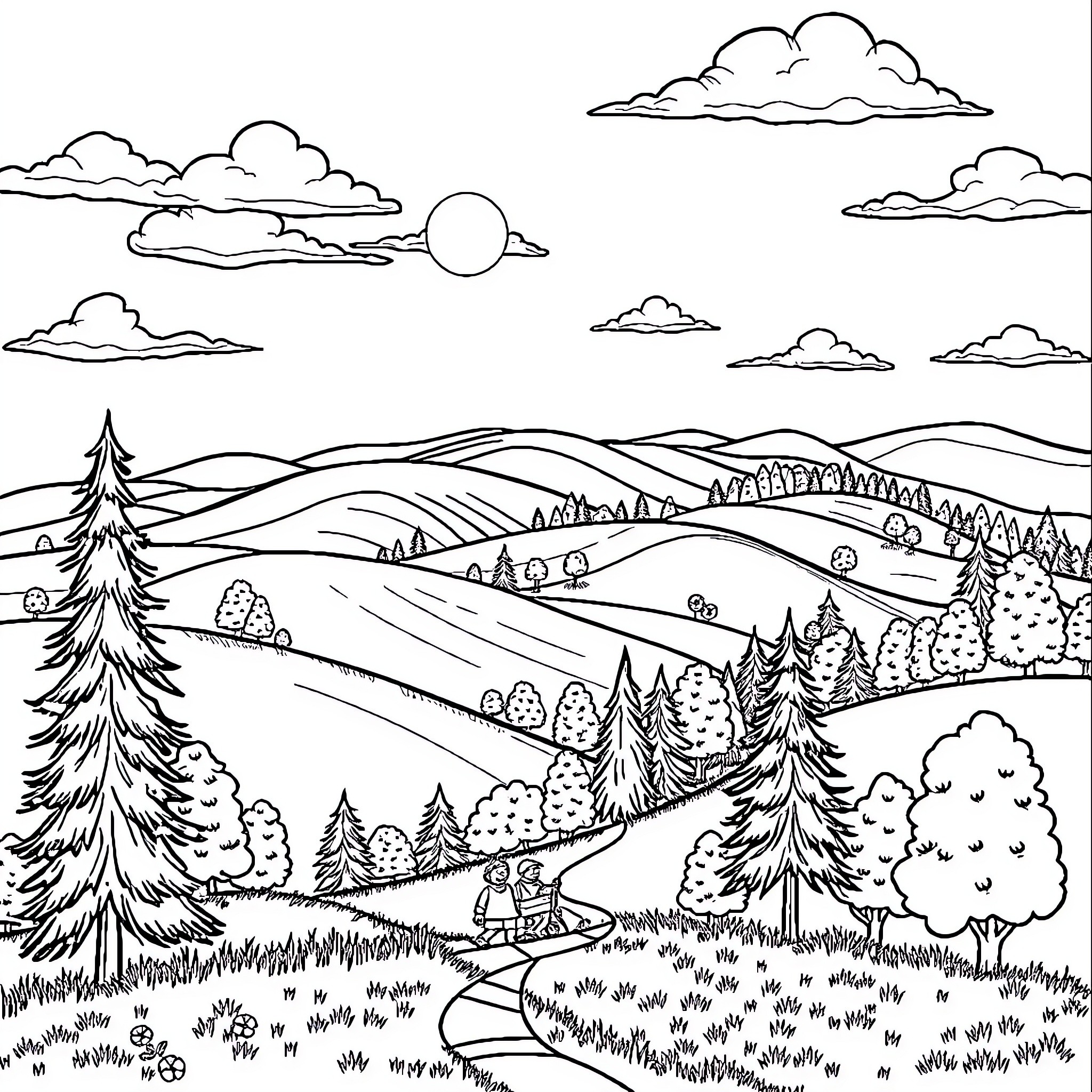 Giant Scenic Landscape with Forest, Hills, and Clouds Coloring Page (free black-and-white line drawing printable PDF for all, from beginners to advanced learners, including children, teens, adults, and seniors)