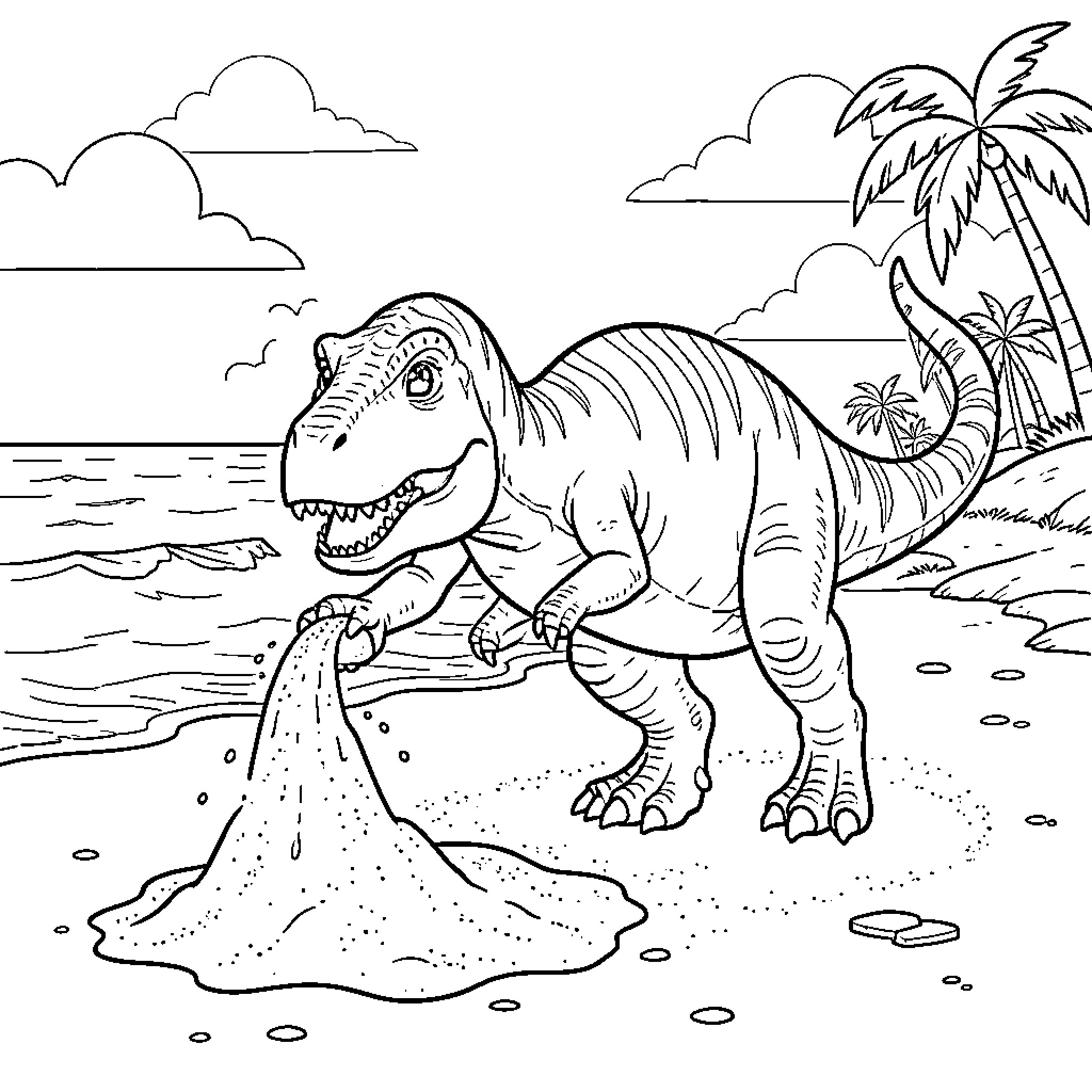Dinosaur playing with sand on a tropical beach Coloring Page (free black-and-white line drawing printable PDF for all, from beginners to advanced learners, including children, teens, adults, and seniors)