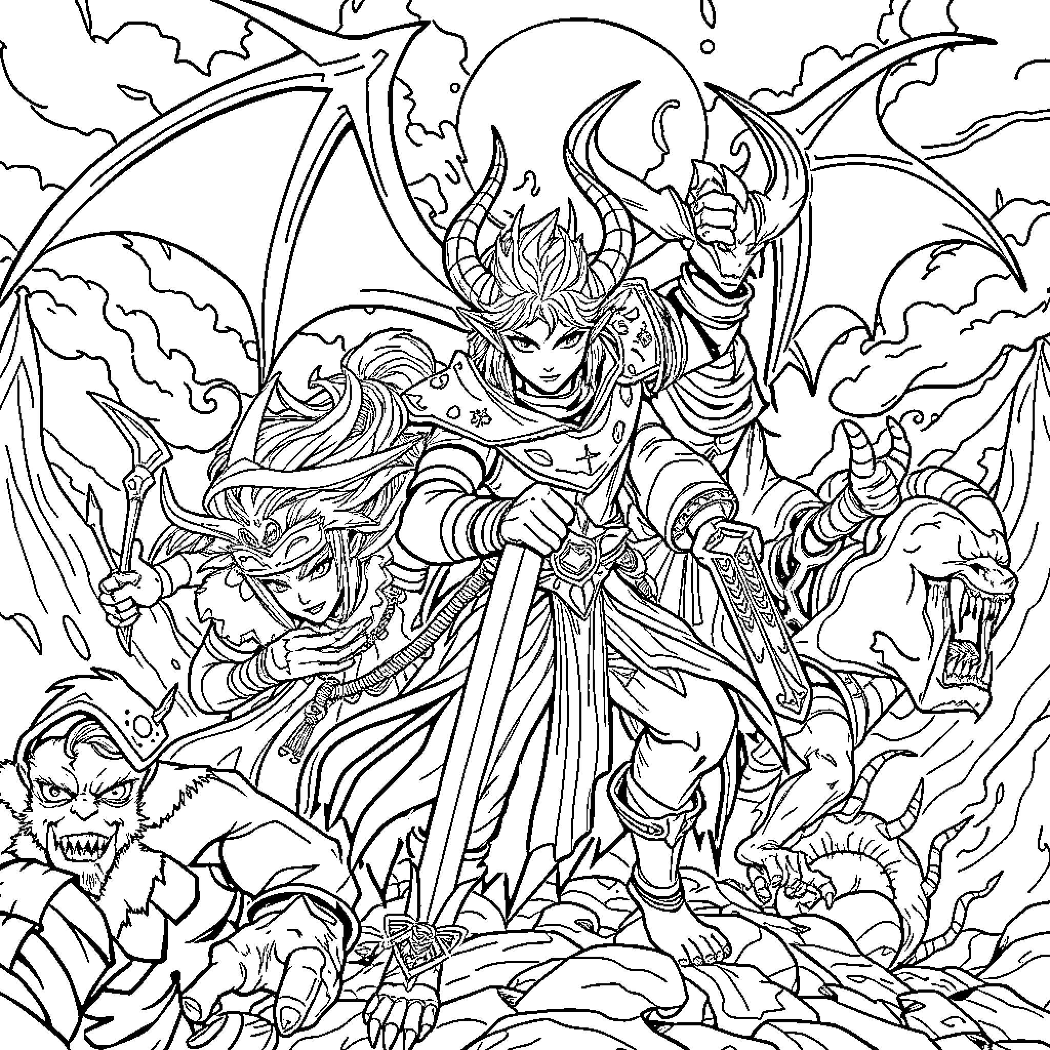 Demon Slayer: Heroic Warrior Confronting Menacing Foes Coloring Page (free black-and-white line drawing printable PDF for all, from beginners to advanced learners, including children, teens, adults, and seniors)