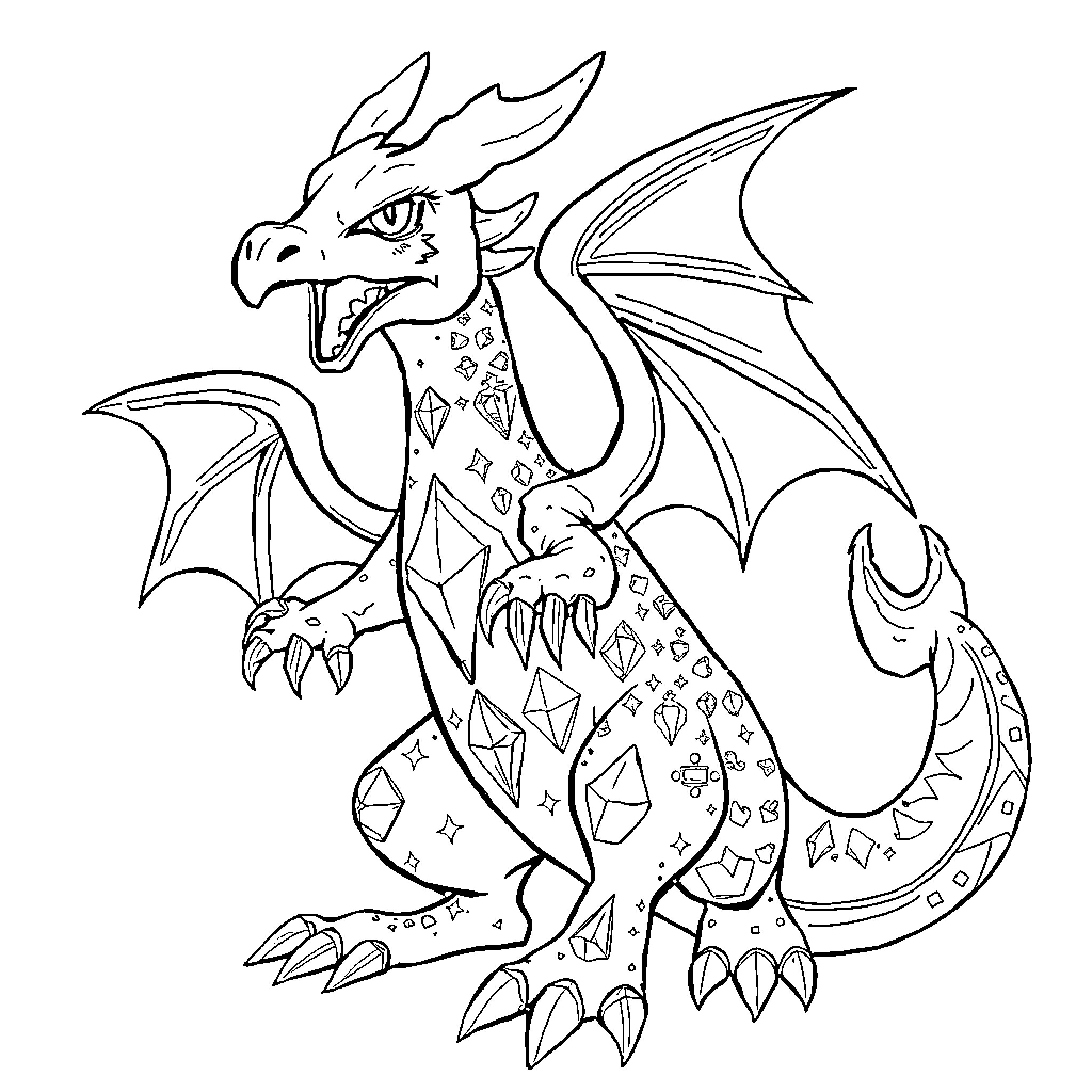 Charizard roaring with patterned body and wings Coloring Page (free black-and-white line drawing printable PDF for all, from beginners to advanced learners, including children, teens, adults, and seniors)