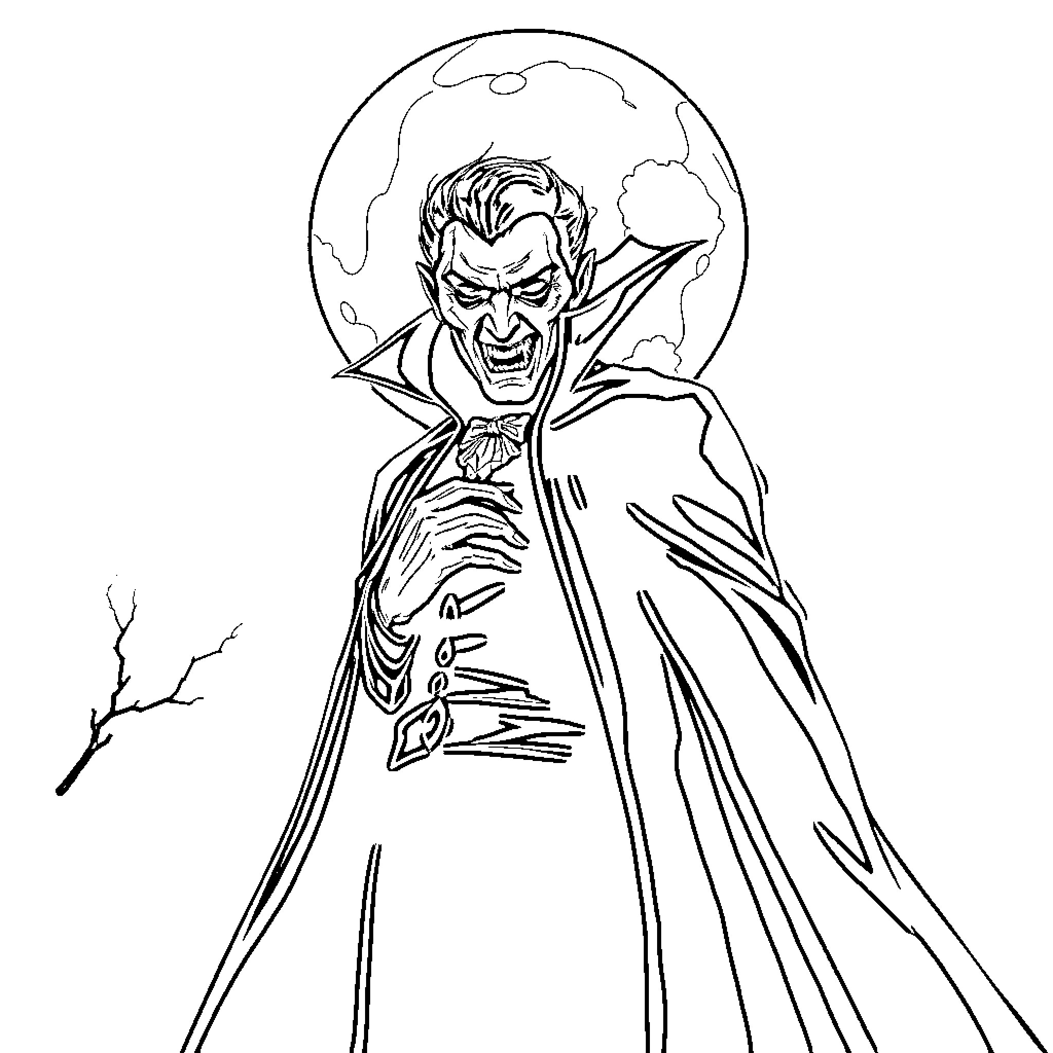 Dracula's Terrifying Presence in the Moonlit Night Coloring Page (free black-and-white line drawing printable PDF for all, from beginners to advanced learners, including children, teens, adults, and seniors)