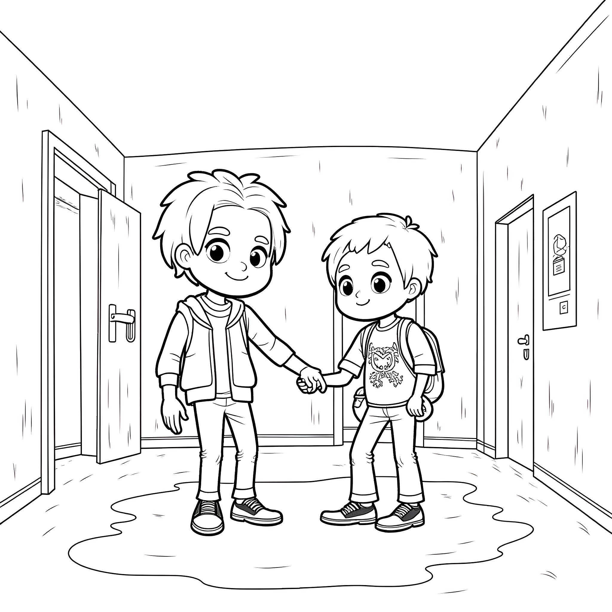 Youtuber friends in colorful outfits at home Coloring Page (free black-and-white line drawing printable PDF for all, from beginners to advanced learners, including children, teens, adults, and seniors)