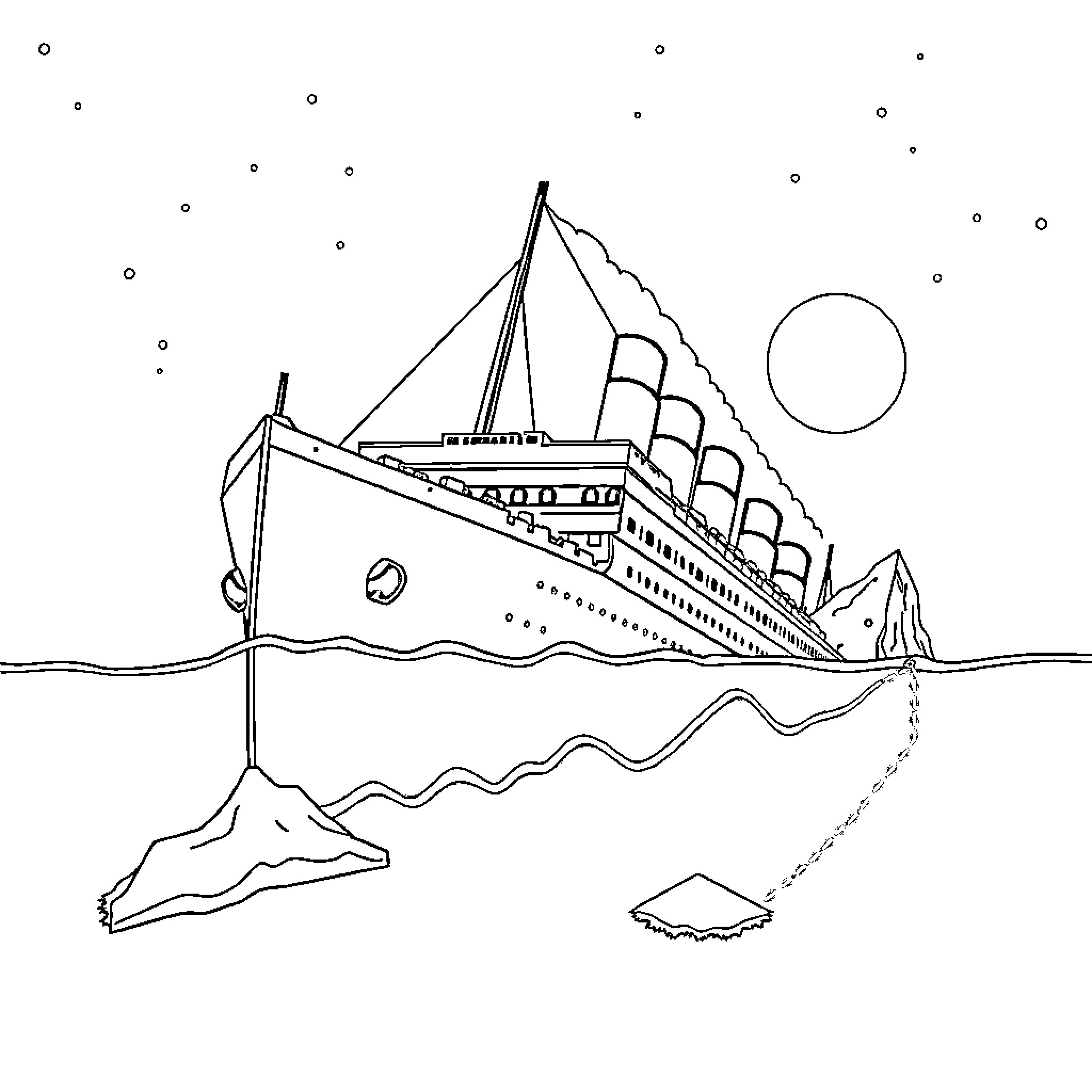 Titanic sailing the vast ocean at night Coloring Page (free black-and-white line drawing printable PDF for all, from beginners to advanced learners, including children, teens, adults, and seniors)