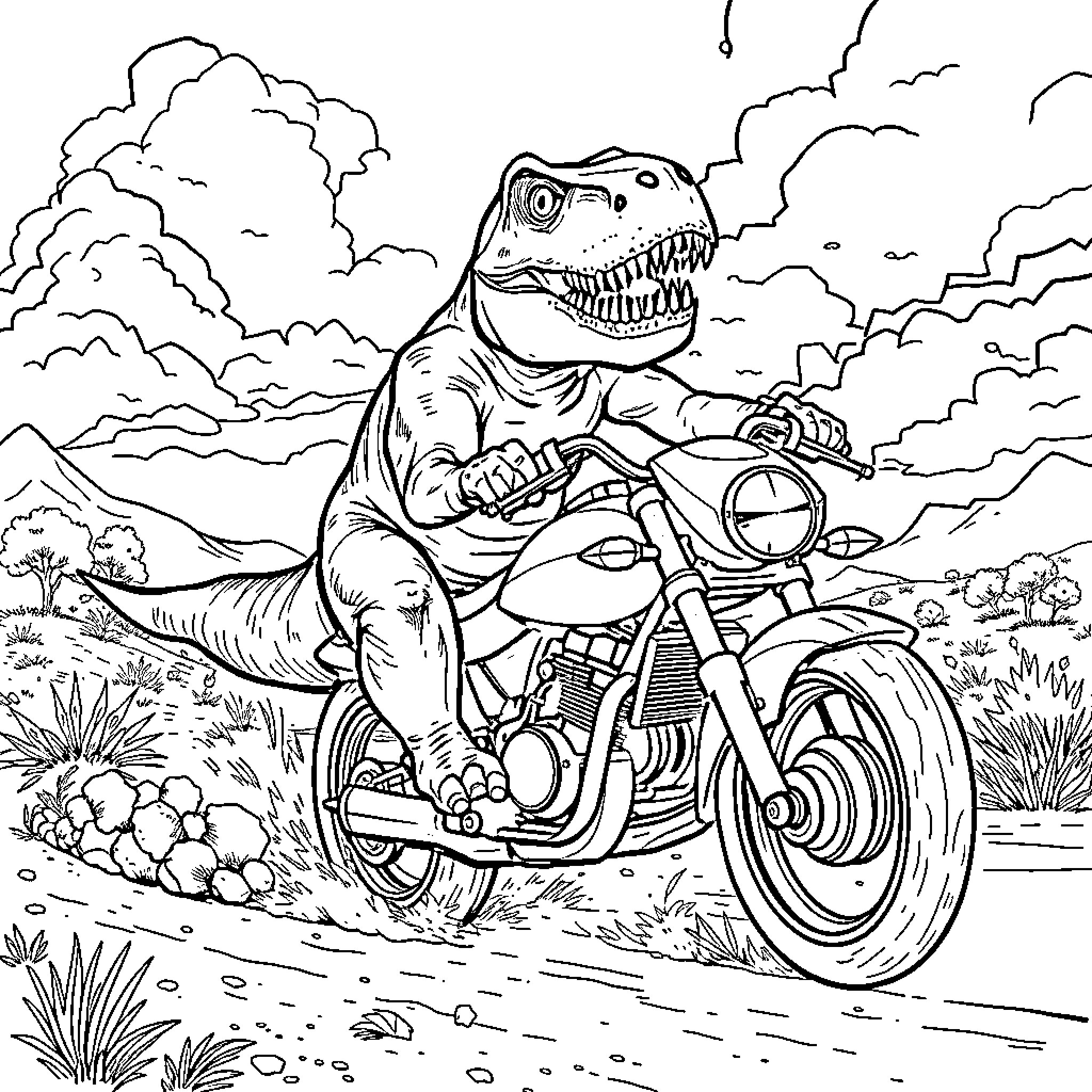 Trex riding a motorcycle through the wilderness Coloring Page (free black-and-white line drawing printable PDF for all, from beginners to advanced learners, including children, teens, adults, and seniors)