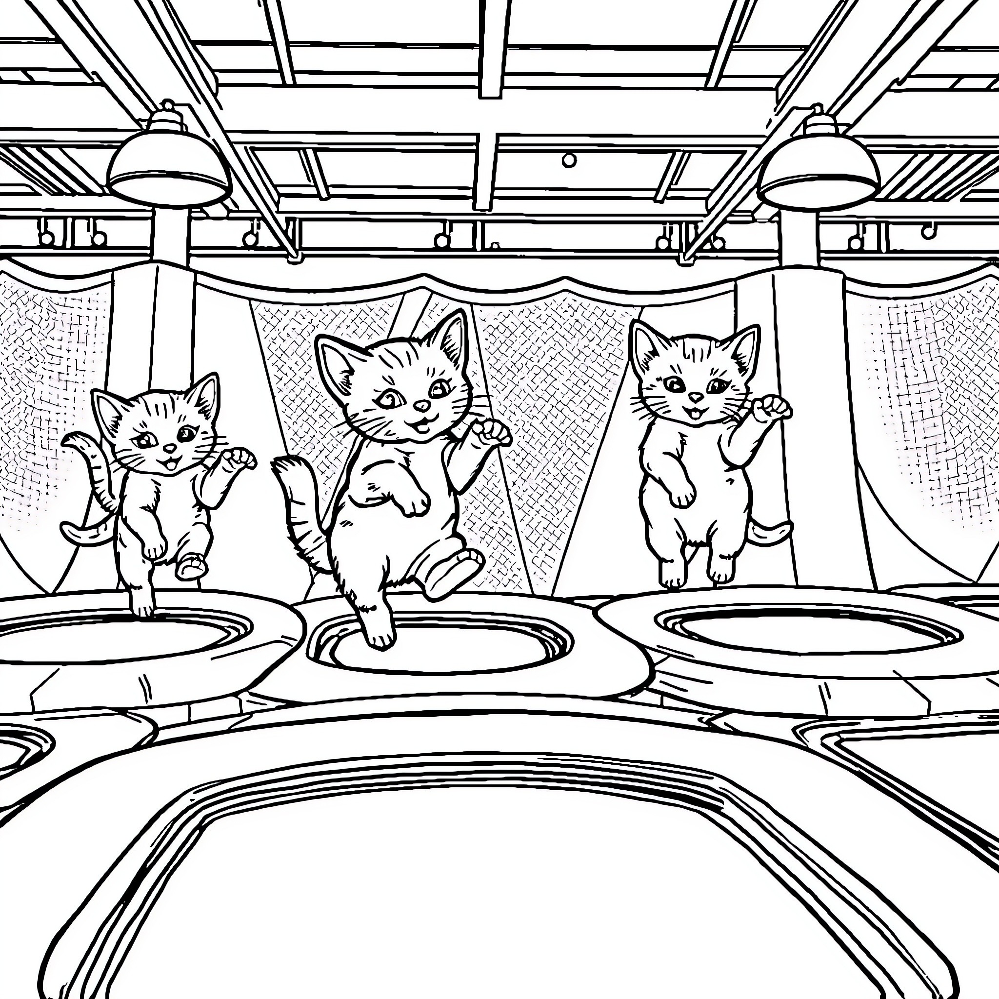 Kittens playing in a fun playground Coloring Page (free black-and-white line drawing printable PDF for all, from beginners to advanced learners, including children, teens, adults, and seniors)