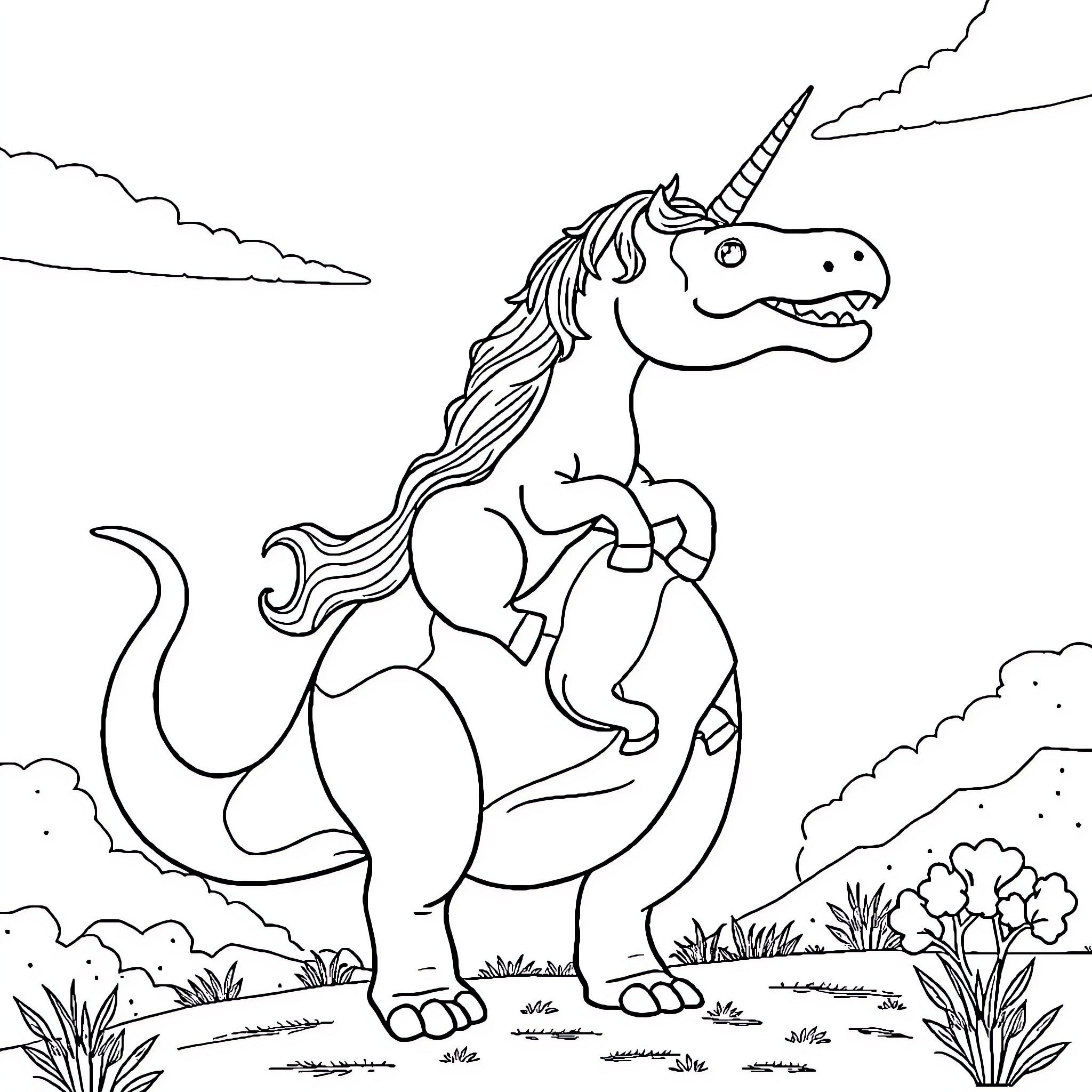 Unicorn riding happily in a fantasy landscape Coloring Page (free black-and-white line drawing printable PDF for all, from beginners to advanced learners, including children, teens, adults, and seniors)
