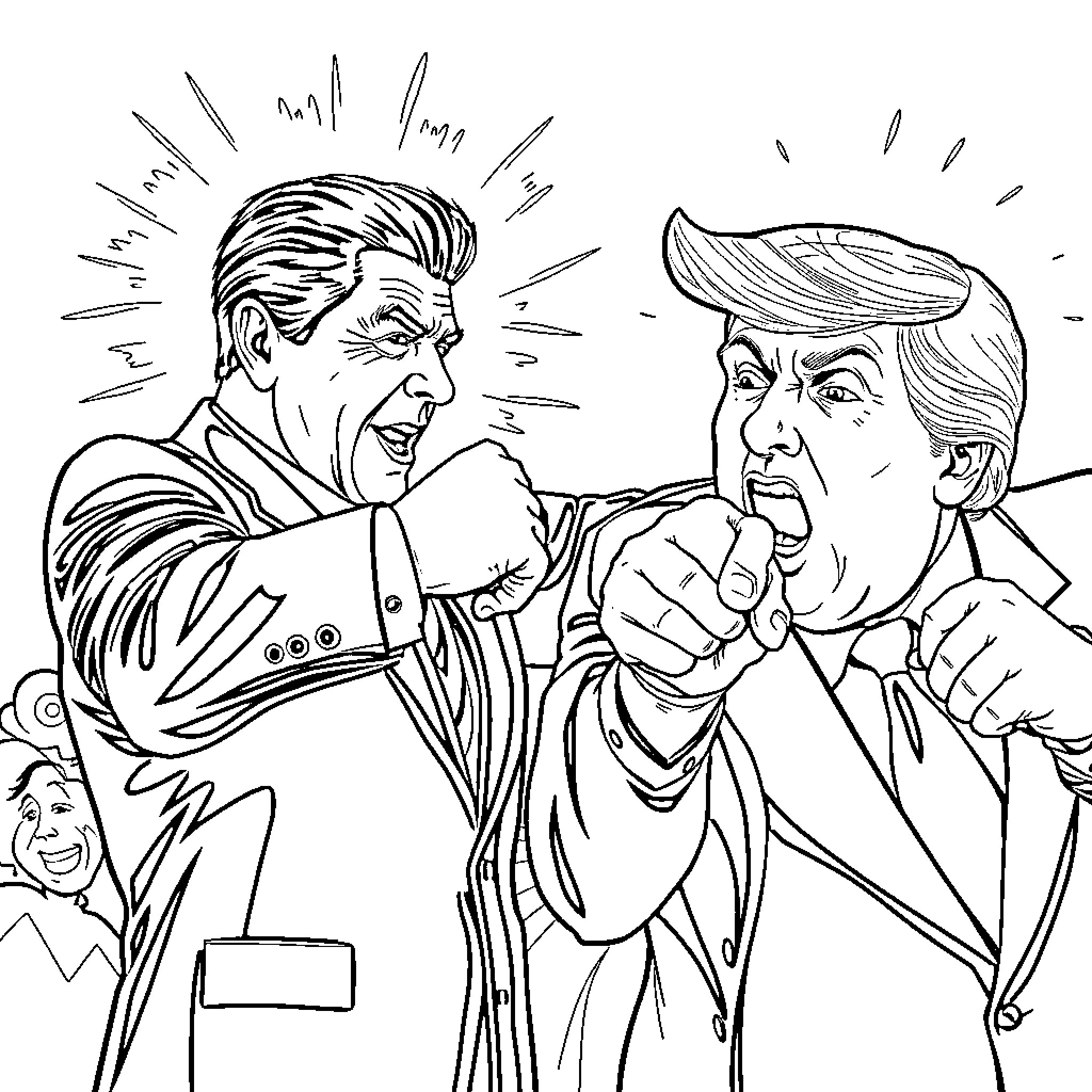 Ronald Reagan and Donald Trump Engaging in Heated Political Debate Coloring Page (free black-and-white line drawing printable PDF for all, from beginners to advanced learners, including children, teens, adults, and seniors)