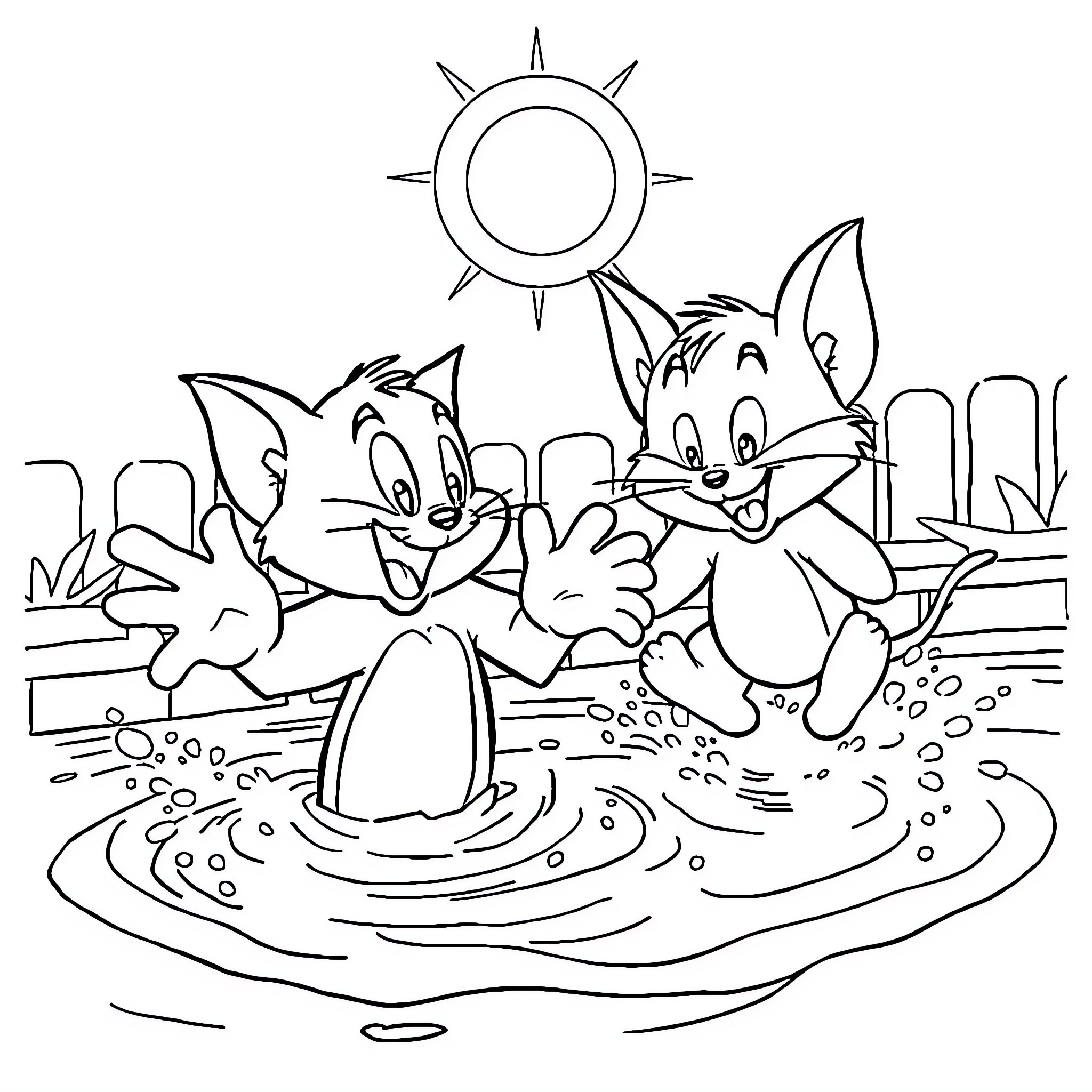 Tom and Jerry playing in the sun-filled outdoors Coloring Page (free black-and-white line drawing printable PDF for all, from beginners to advanced learners, including children, teens, adults, and seniors)