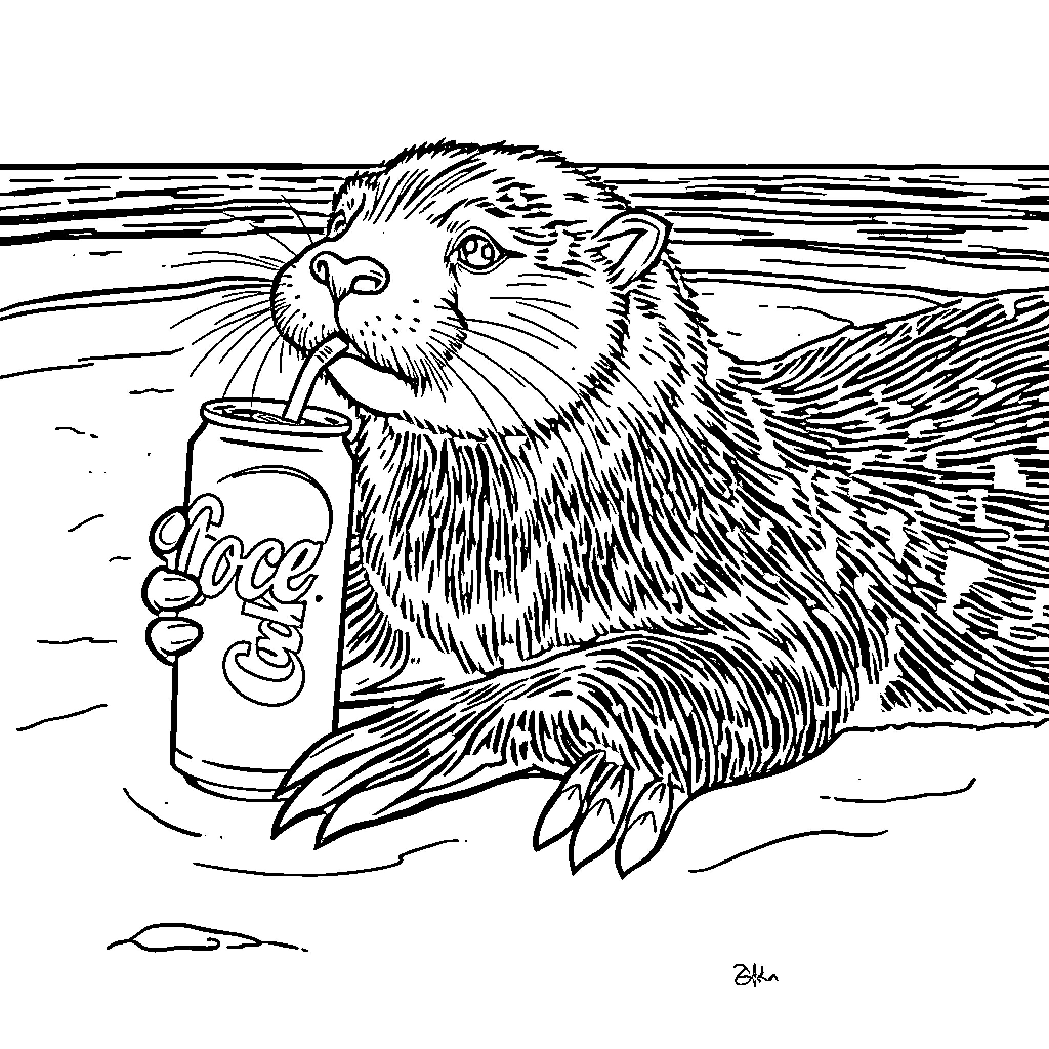 Otter enjoying a refreshing soda on the shore Coloring Page (free black-and-white line drawing printable PDF for all, from beginners to advanced learners, including children, teens, adults, and seniors)