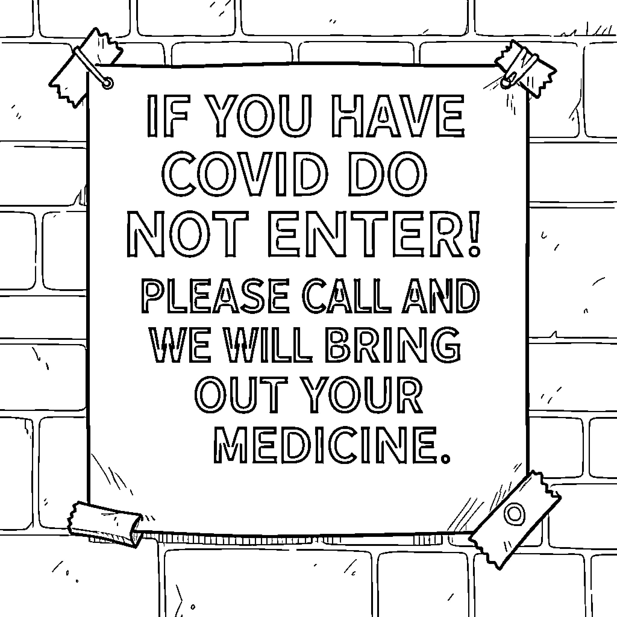 Bulletin board sign posted on a brick wall Coloring Page (free black-and-white line drawing printable PDF for all, from beginners to advanced learners, including children, teens, adults, and seniors)